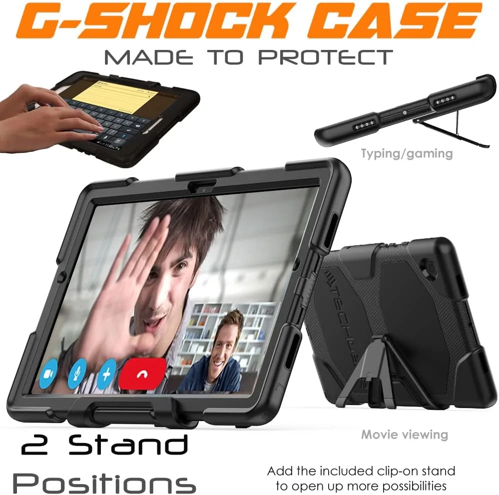 کیف محافظ ضد ضربه TECHGEAR G-Shock سازگار با تبلت سامسونگ گلکسی تب A8 10.5 2021 (SM-X200/SM-X205) با پایه جداشدنی و محافظ صفحه نمایش داخلی - مناسب مدرسه، کودکان، سازندگان - مشکی