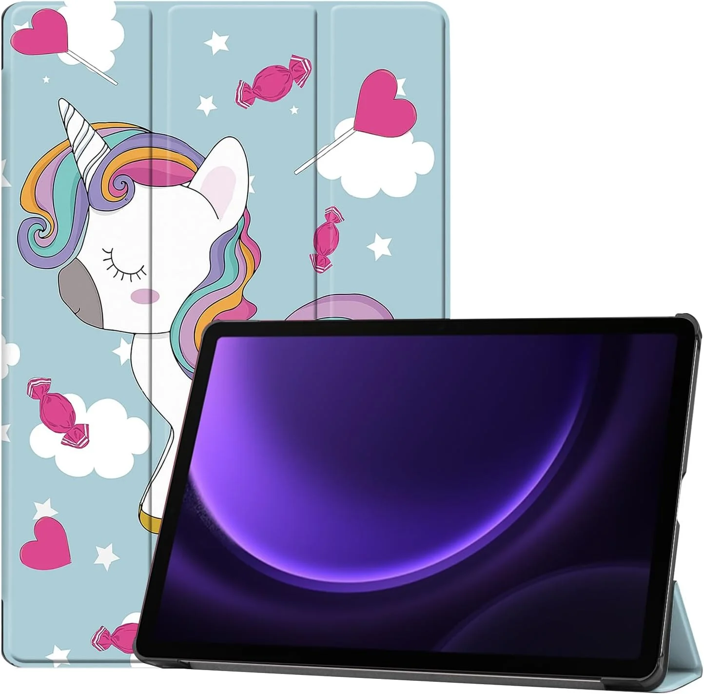 کیف Skeido مناسب برای تبلت سامسونگ گلکسی تب S9 FE / S9 2023 11 اینچی (SM-X510/SM-X516B/S9 SM-X710/SM-X716B)، کاور محافظ پایه دار فوق العاده باریک و سبک وزن، ساخته شده از چرم PU با کیفیت عالی (طرح یونیکورن)