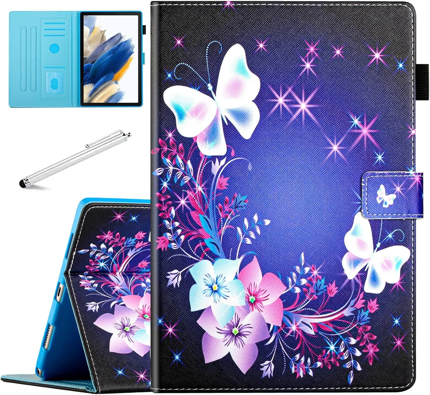 کیف فنسیتی مناسب برای تبلت سامسونگ گلکسی تب A8 با صفحه نمایش 10.5 اینچ (نسخه 2022)، زوایای دید چندگانه، روکش هوشمند چرمی PU با قابلیت بیدار شدن/به خواب رفتن خودکار برای تبلت گلکسی تب A8 مدل [SM-X200/X205/X207]، طرح پروانه فانتزی