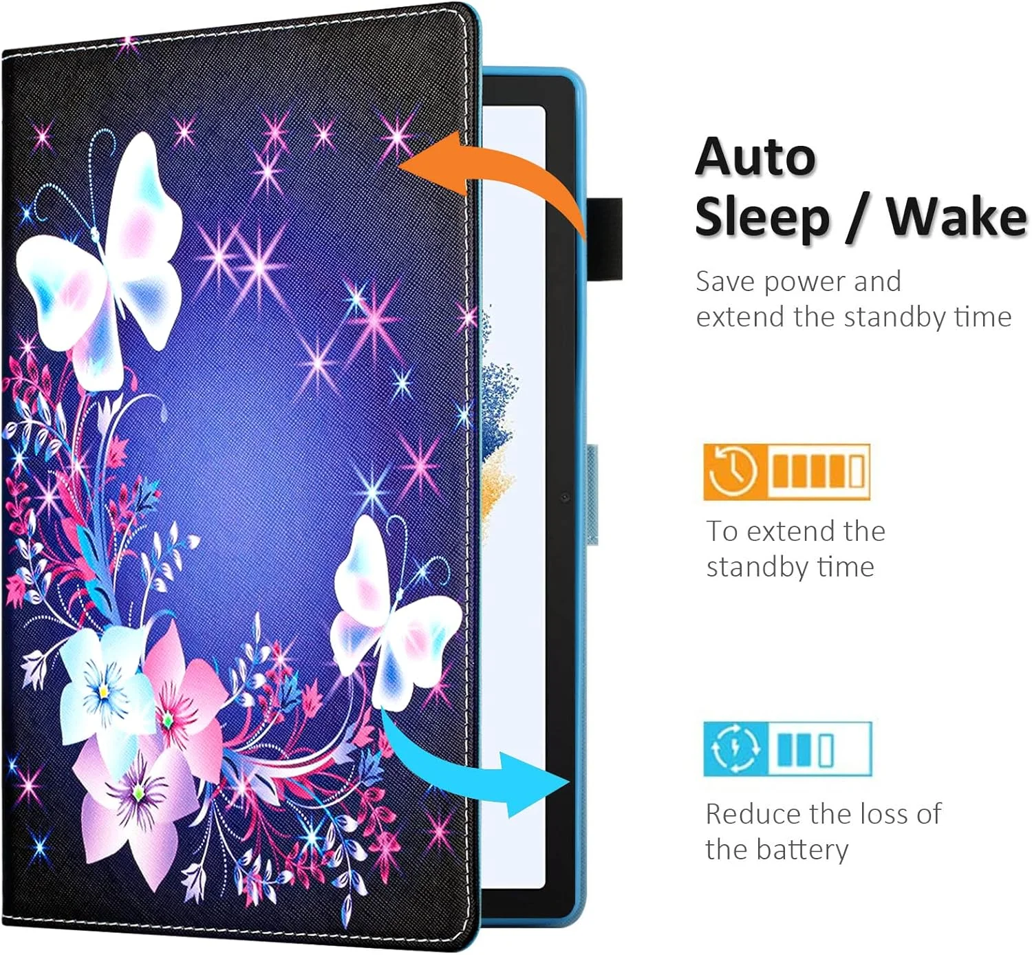 کیف فنسیتی مناسب برای تبلت سامسونگ گلکسی تب A8 با صفحه نمایش 10.5 اینچ (نسخه 2022)، زوایای دید چندگانه، روکش هوشمند چرمی PU با قابلیت بیدار شدن/به خواب رفتن خودکار برای تبلت گلکسی تب A8 مدل [SM-X200/X205/X207]، طرح پروانه فانتزی