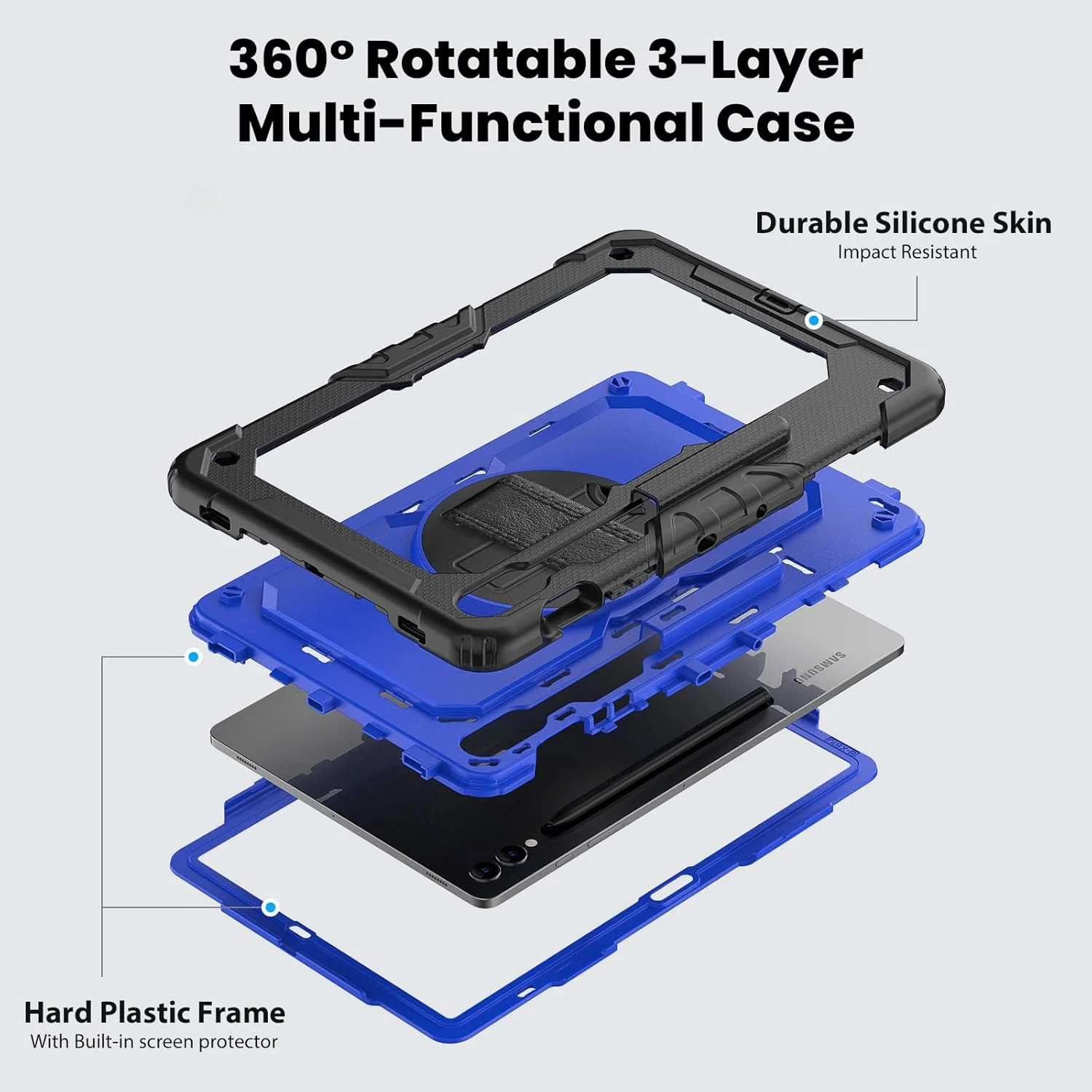 کاور تبلت Gruattreay مناسب برای سامسونگ گلکسی تب S10 پلاس، کاور ضد ضربه تبلت با استند قابل تنظیم و مچ بند چرخان 360 درجه و جای قلم و بند شانه، کاور محافظ کودکانه (آبی 1)