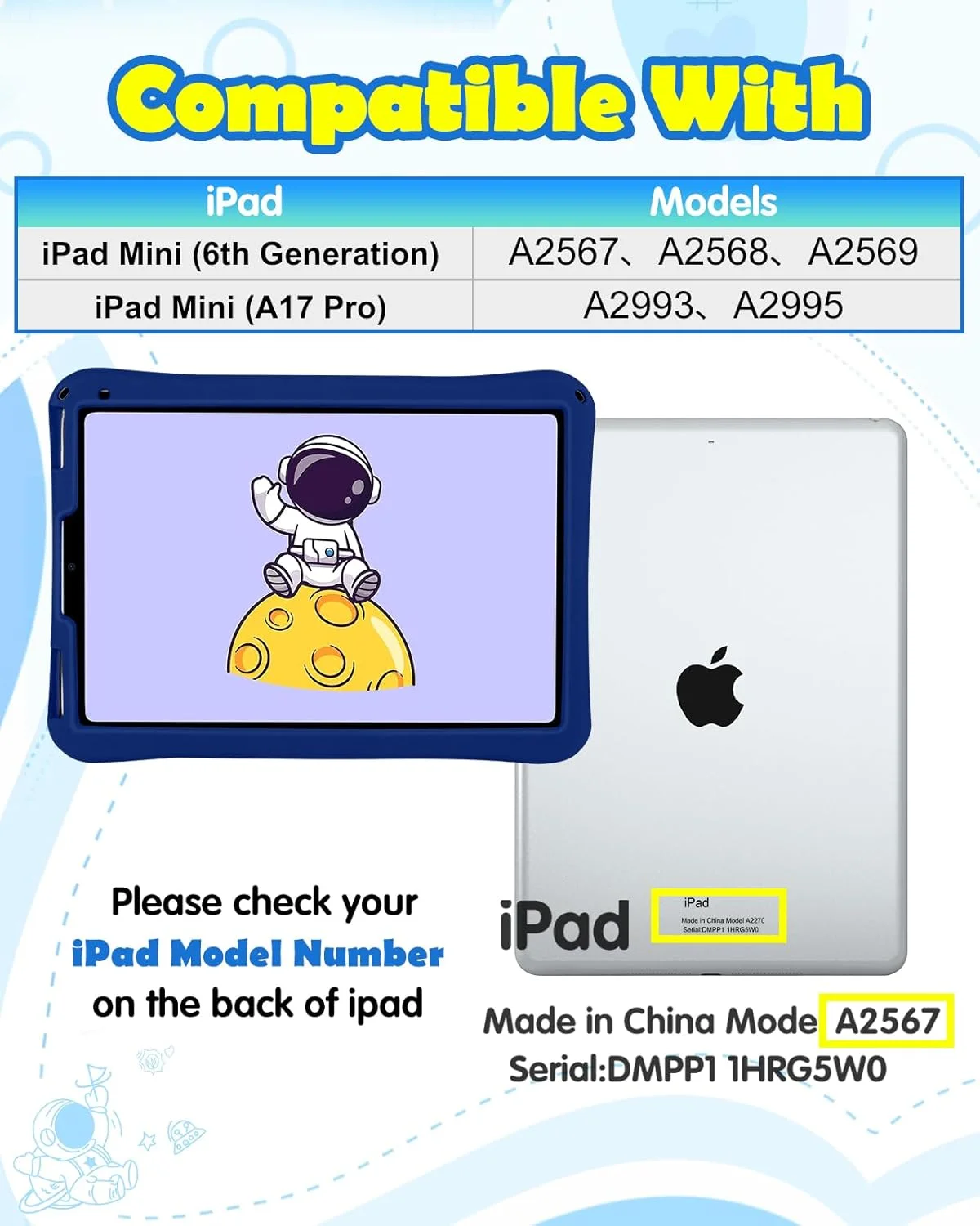 SurgeCraft for iPad Mini 7/6 Case - 8.3 Inch Astronaut Girls Kawaii Boys Women Cover with Strap, Handle and Stand - Soft Silicone