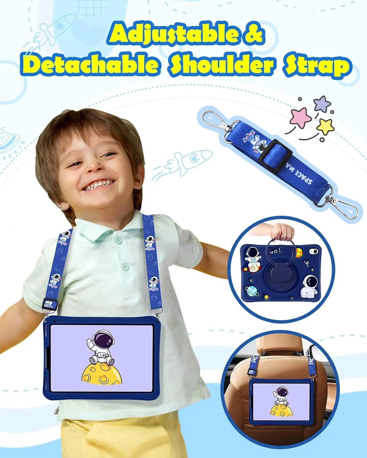 SurgeCraft for iPad Mini 7/6 Case - 8.3 Inch Astronaut Girls Kawaii Boys Women Cover with Strap, Handle and Stand - Soft Silicone