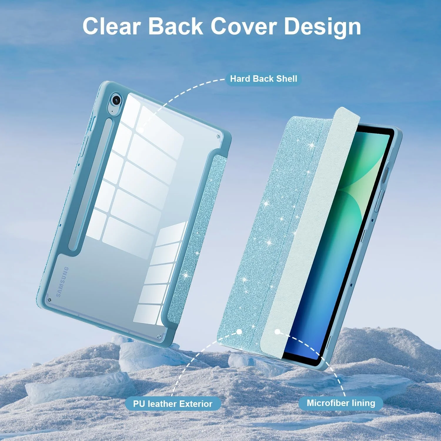 کیف DJ&RPPQ برای تبلت سامسونگ گلکسی تب S10 FE 2025 / S9 FE 10.9 اینچ / S9 11 اینچ 2023، کاور پشتی شفاف تاشو باریک و سبک، کیف سامسونگ گلکسی تب S10 FE/S9 FE/S9 با قابلیت خواب/بیدار شدن خودکار - آبی