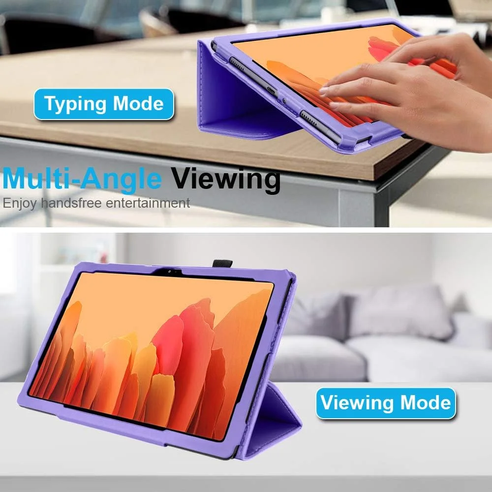 کیف چرمی TECHGEAR سازگار با تبلت سامسونگ گلکسی تب A7 10.4 2020 (SM-T500 / SM-T505) - کیف محافظ باریک و تاشو از جنس چرم PU با پایه و بند دستی، کیف سامسونگ تب A7 [بنفش]