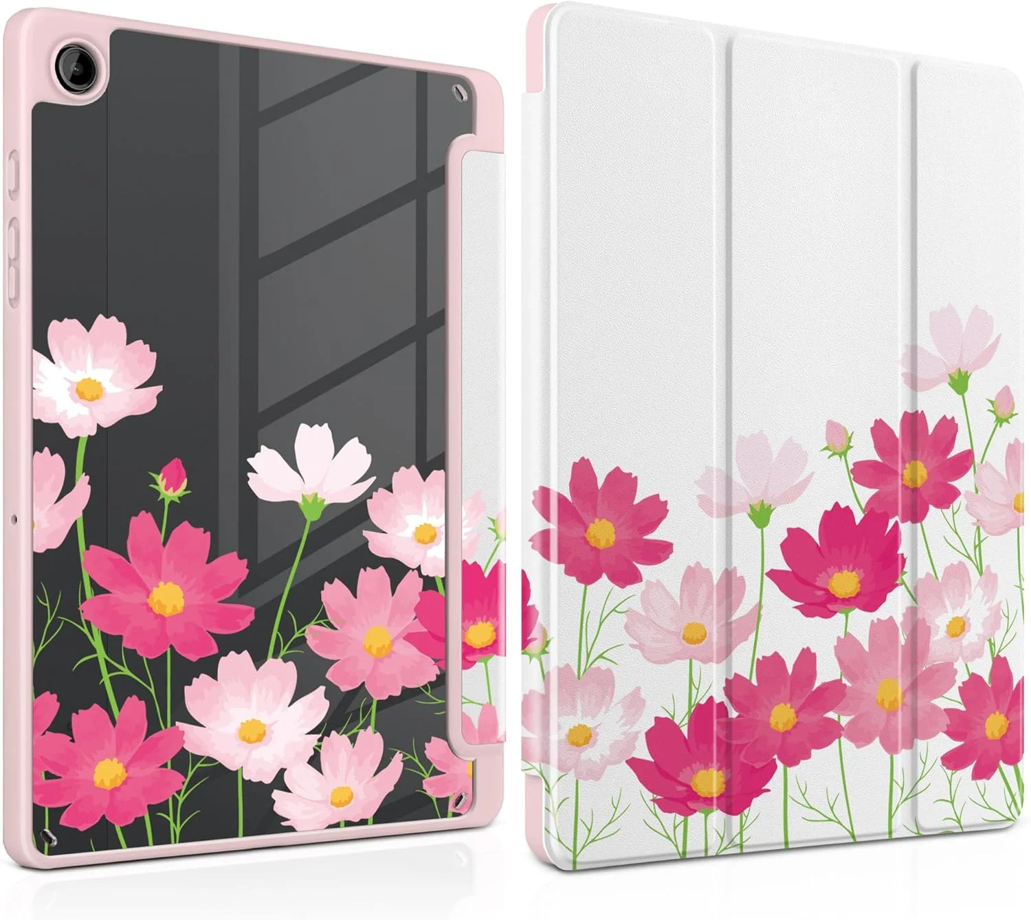 کاور تبلت MEEgoodo مناسب برای تبلت سامسونگ گلکسی تب A9 پلاس 11 اینچ مدل 2023 به همراه جای قلم S Pen، کاور تبلت با قاب پشتی آکریلیک شفاف + استند سه تایی + قابلیت بیدار شدن/به خواب رفتن خودکار، گل های صورتی روشن