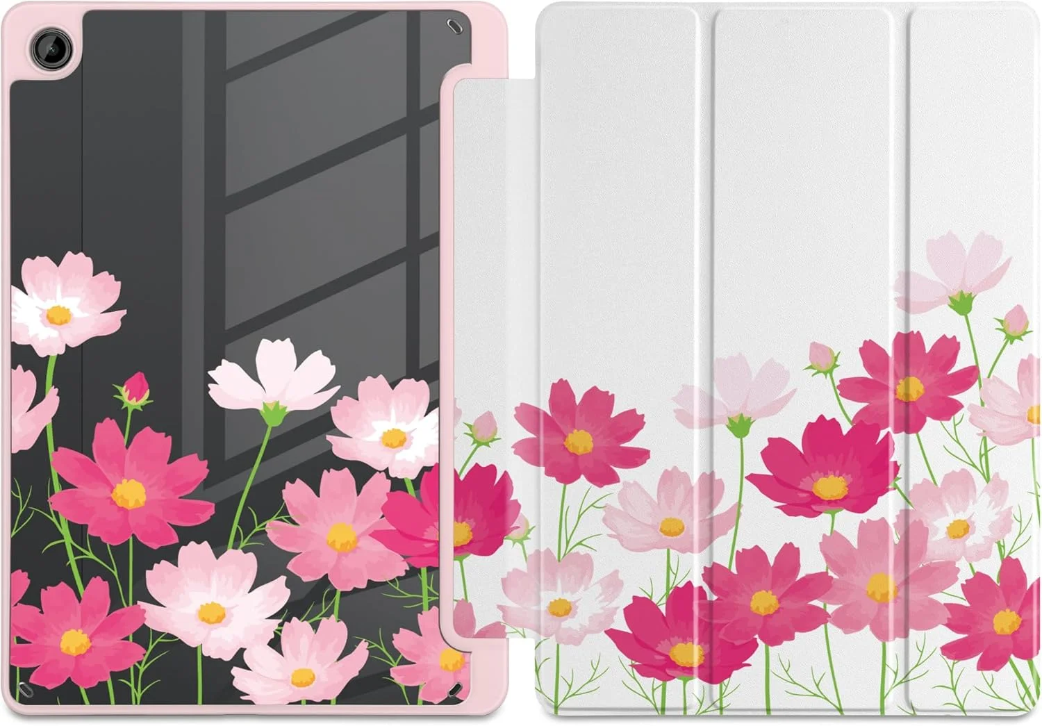 کاور تبلت MEEgoodo مناسب برای تبلت سامسونگ گلکسی تب A9 پلاس 11 اینچ مدل 2023 به همراه جای قلم S Pen، کاور تبلت با قاب پشتی آکریلیک شفاف + استند سه تایی + قابلیت بیدار شدن/به خواب رفتن خودکار، گل های صورتی روشن