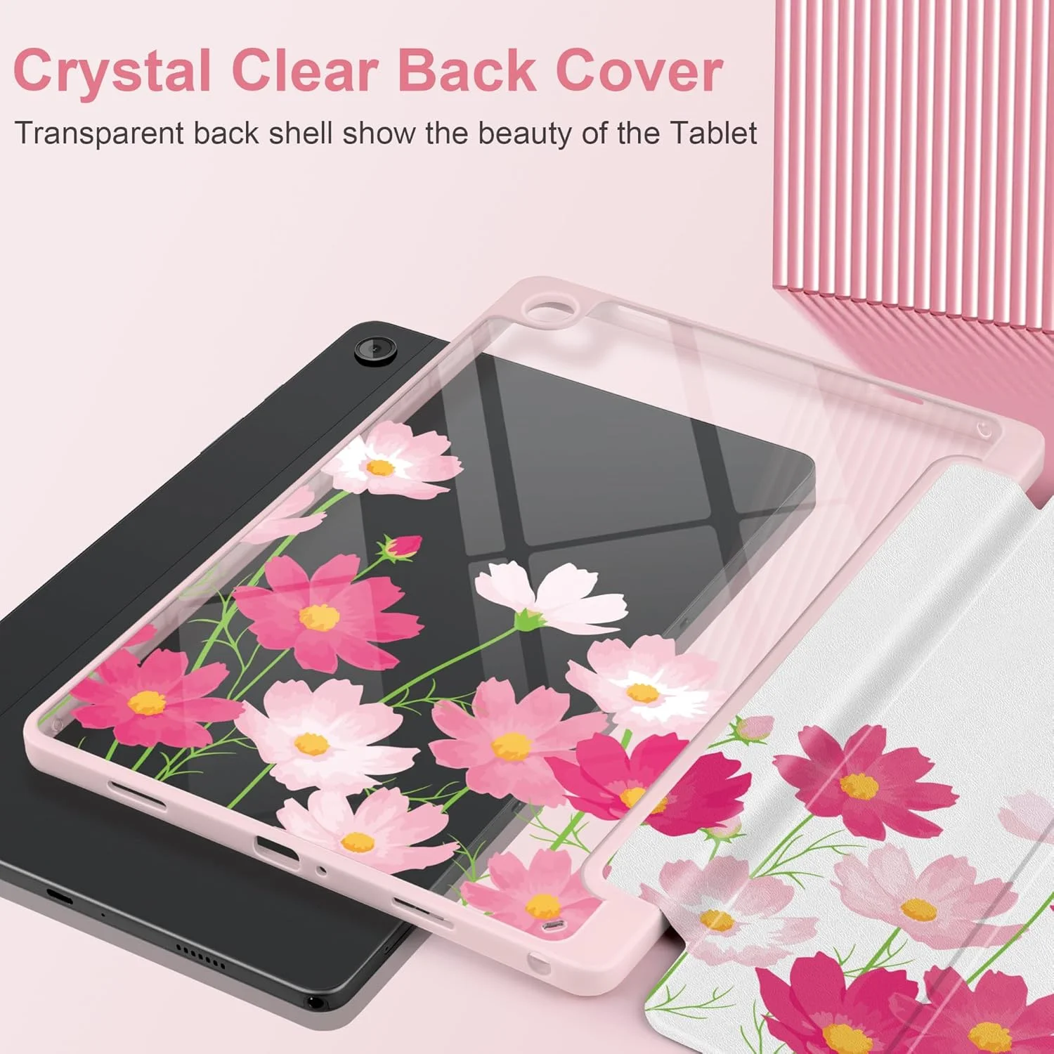 کاور تبلت MEEgoodo مناسب برای تبلت سامسونگ گلکسی تب A9 پلاس 11 اینچ مدل 2023 به همراه جای قلم S Pen، کاور تبلت با قاب پشتی آکریلیک شفاف + استند سه تایی + قابلیت بیدار شدن/به خواب رفتن خودکار، گل های صورتی روشن