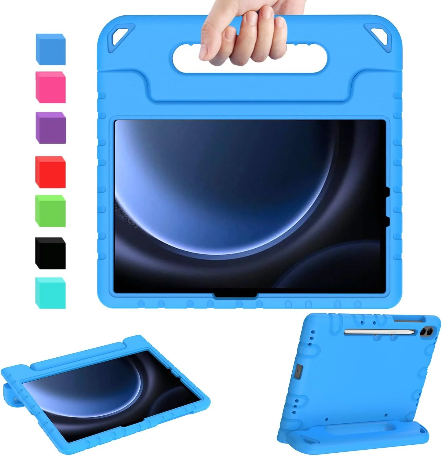 کیف کودکانه AVAWO برای تبلت سامسونگ گلکسی تب S9 FE/S9/S8/S7 11 اینچ 2023 با جای قلم S، کاور سبک وزن ضد ضربه با دسته و پایه مناسب کودکان (مدل SM-X510 / SM-X516B)، آبی