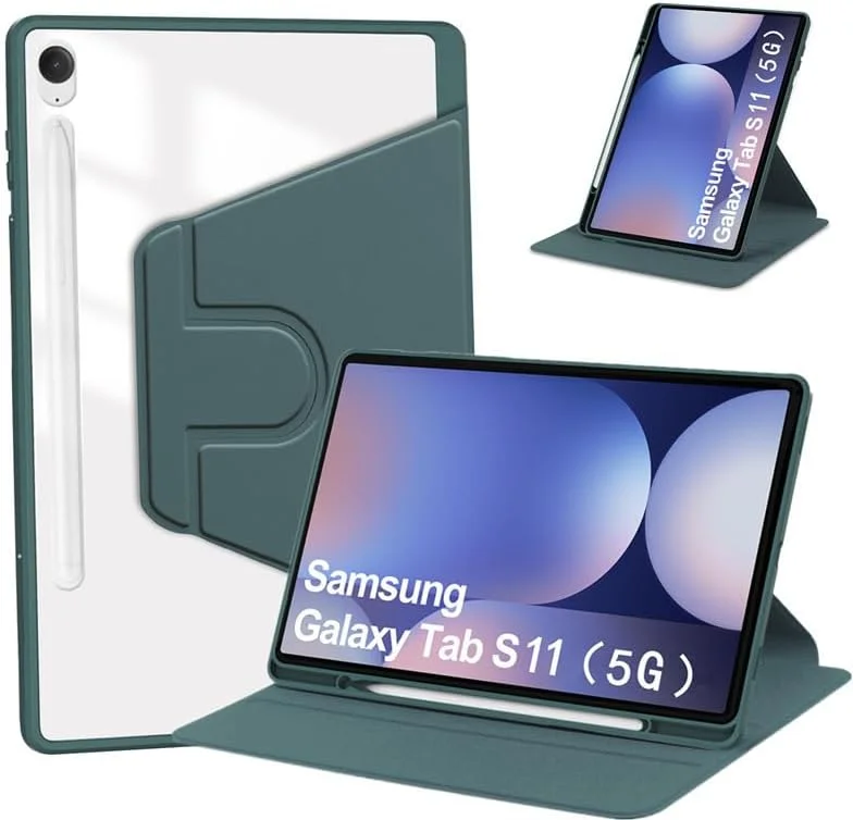 کاور شفاف Gruattreay سازگار با Samsung Galaxy Tab S11 11 اینچ (2025)، کاور محافظ چرخان شفاف اکریلیک، پایه چند منظوره، با جای قلم، حالت خواب/بیدار خودکار (سبز)