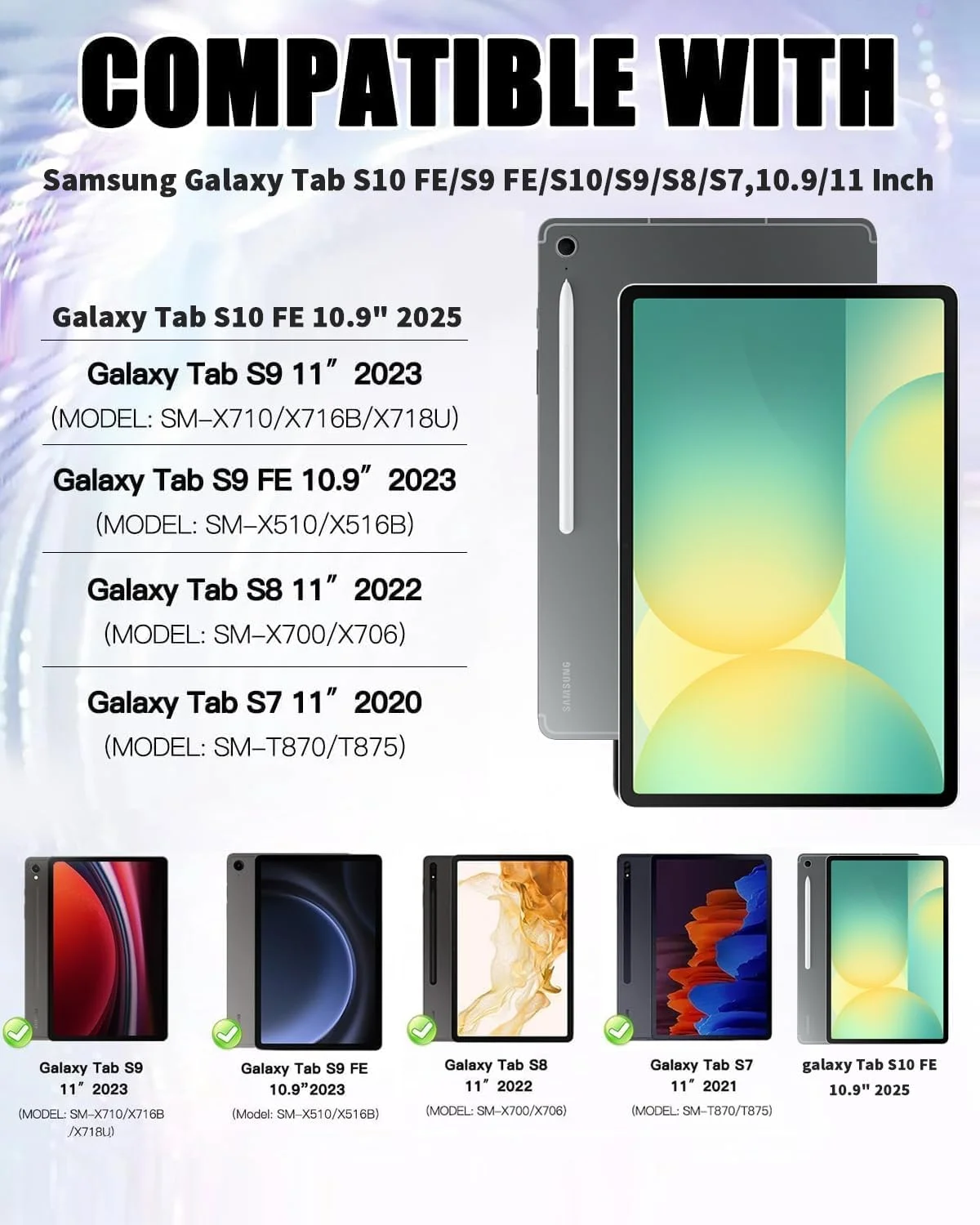 کاور Junfire برای تبلت سامسونگ گلکسی تب S10 FE / S9 FE 10.9 اینچ 2025، کاور محافظ ضد ضربه کودکانه با محافظ صفحه نمایش، پایه چرخان، بند دستی و جای قلم برای تبلت S9/S8/S7 11 اینچ - آبی گل گندم