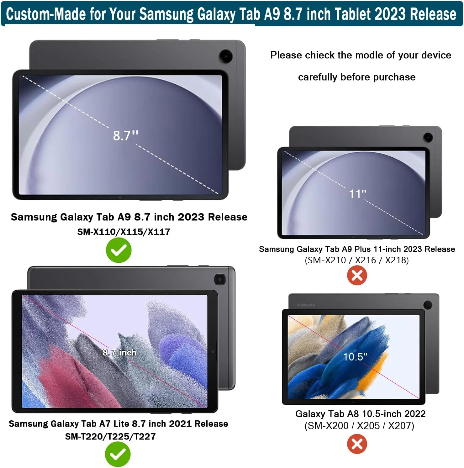 کیف محافظ کودکانه تبلت سامسونگ گلکسی تب A9 ترندگیت، 8.7 اینچ 2023، کیف سبک و ضد ضربه تبلت سامسونگ A9 با محافظ صفحه نمایش داخلی و پایه دسته دار برای گلکسی تب A9 8.7 اینچ (SM-X110/X115/X117) - آبی