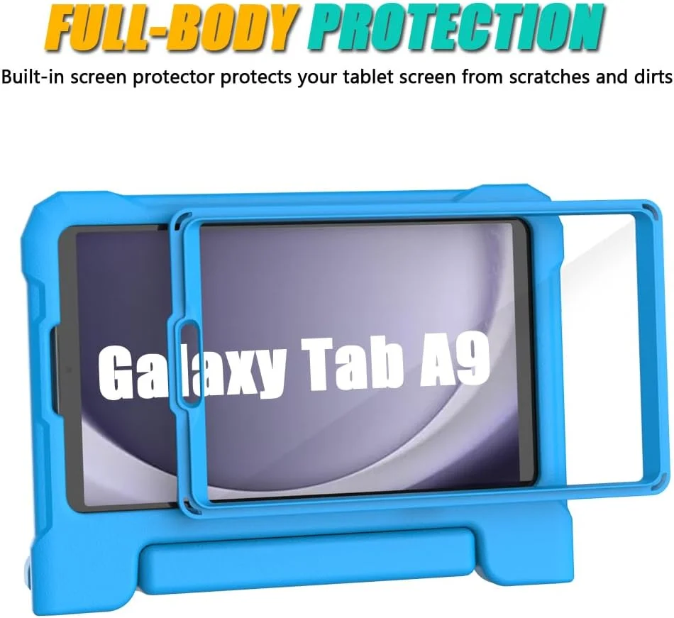 کیف محافظ کودکانه تبلت سامسونگ گلکسی تب A9 ترندگیت، 8.7 اینچ 2023، کیف سبک و ضد ضربه تبلت سامسونگ A9 با محافظ صفحه نمایش داخلی و پایه دسته دار برای گلکسی تب A9 8.7 اینچ (SM-X110/X115/X117) - آبی