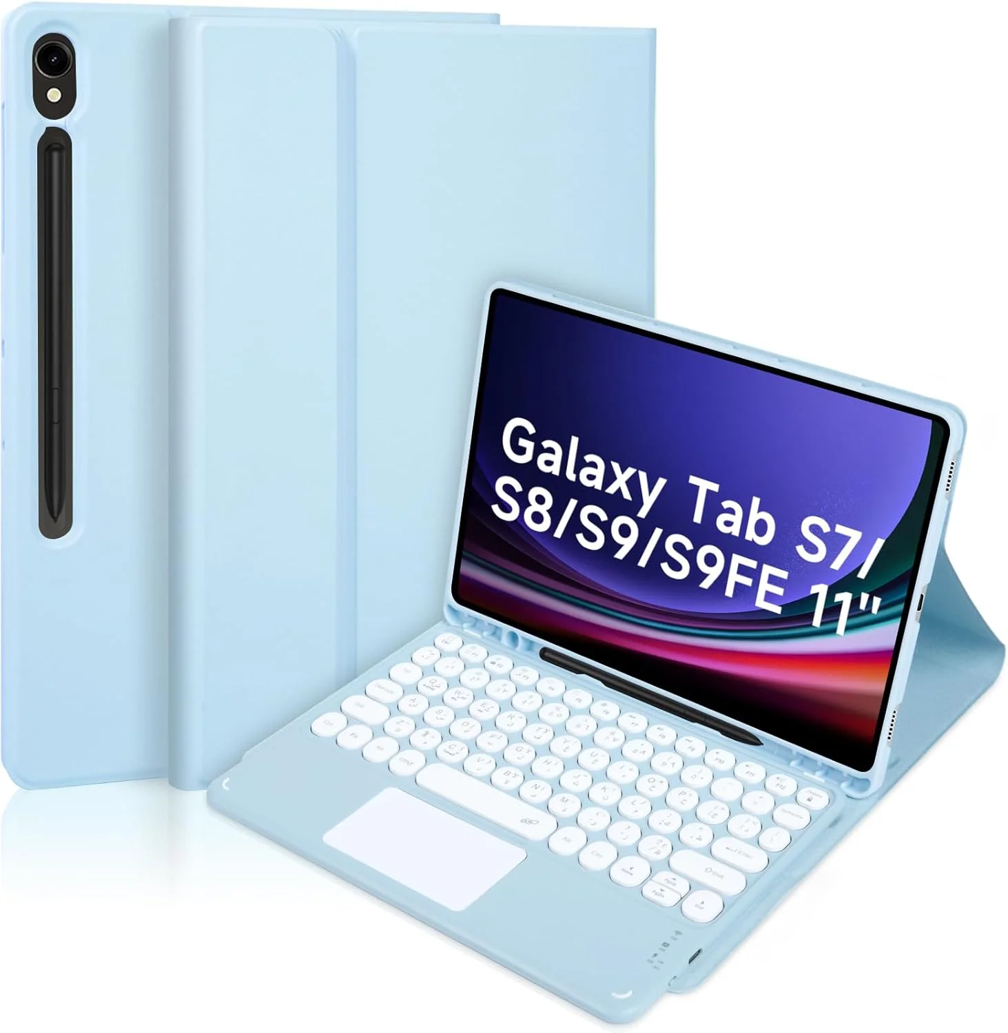 کیبورد یونیورسال EURCRBU سازگار با تبلت سامسونگ گلکسی تب S7/S8/S9/S9FE 11 اینچی، کیبورد عربی بی‌سیم مغناطیسی جداشدنی با جای قلم، کاور محافظ - آبی