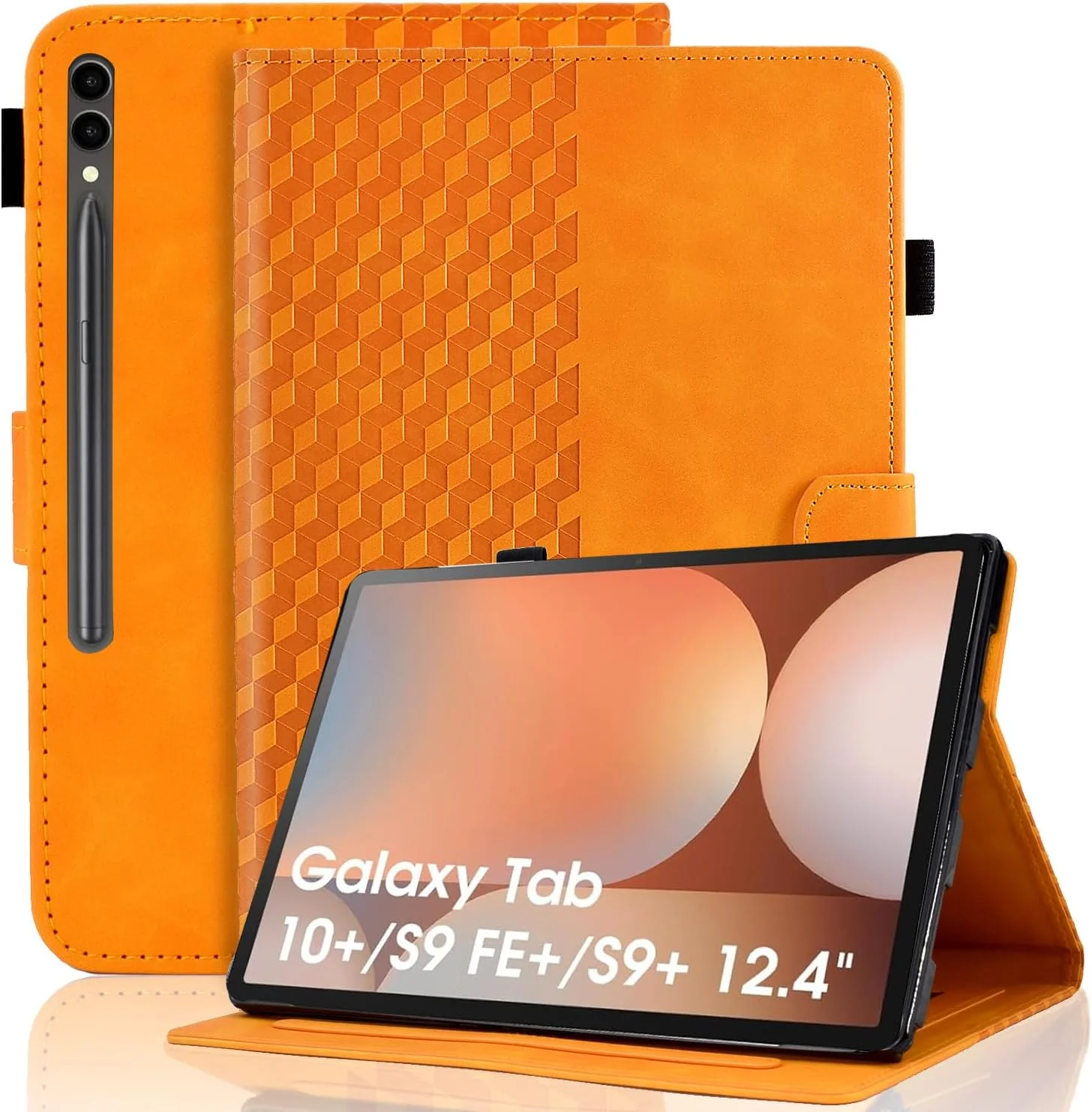 کیف محافظ تبلت Vkooer مناسب برای سامسونگ گلکسی تب S9 پلاس 2023 (12.4 اینچ) مدل [SM-X810/X816B/X818U]، کیف چرمی PU با جیب، کاور تاشو با جای قلم، طرح Cube، نارنجی