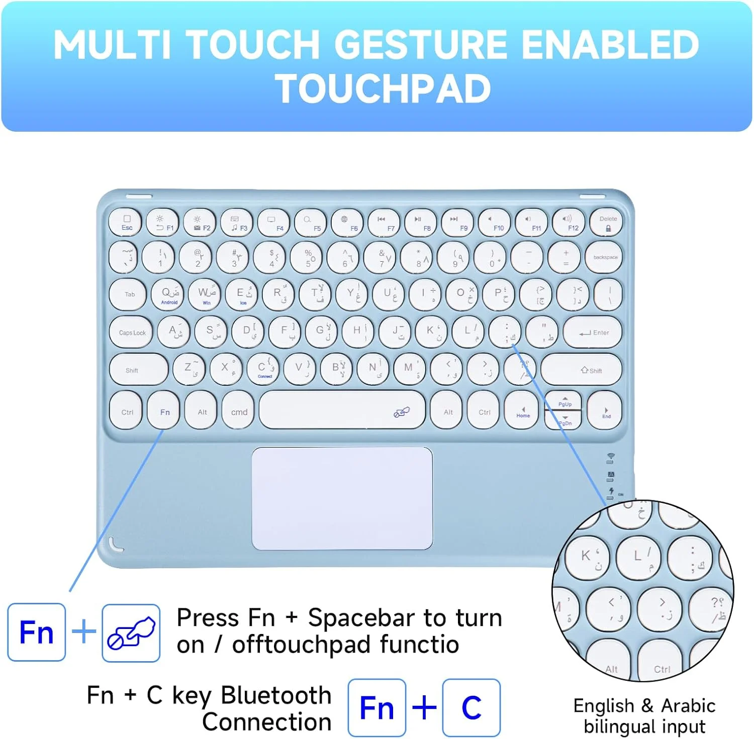 کیبورد یونیورسال EURCRBU سازگار با تبلت سامسونگ گلکسی تب S7/S8/S9/S9FE 11 اینچی، کیبورد عربی بی‌سیم مغناطیسی جداشدنی با جای قلم، کاور محافظ - آبی