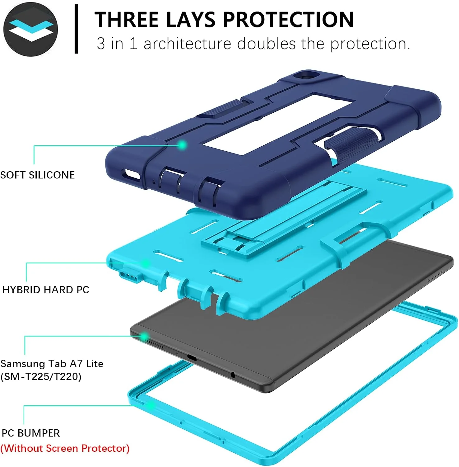 قاب محافظ تبلت YINLAI مناسب برای تبلت سامسونگ گلکسی تب A7 Lite 8.7 اینچ 2021 مدل SM-T225 T220، دارای پایه، مقاوم در برابر ضربه، مناسب کودکان، سه لایه، محافظتی برای تبلت سامسونگ گلکسی تب A7 Lite - آبی