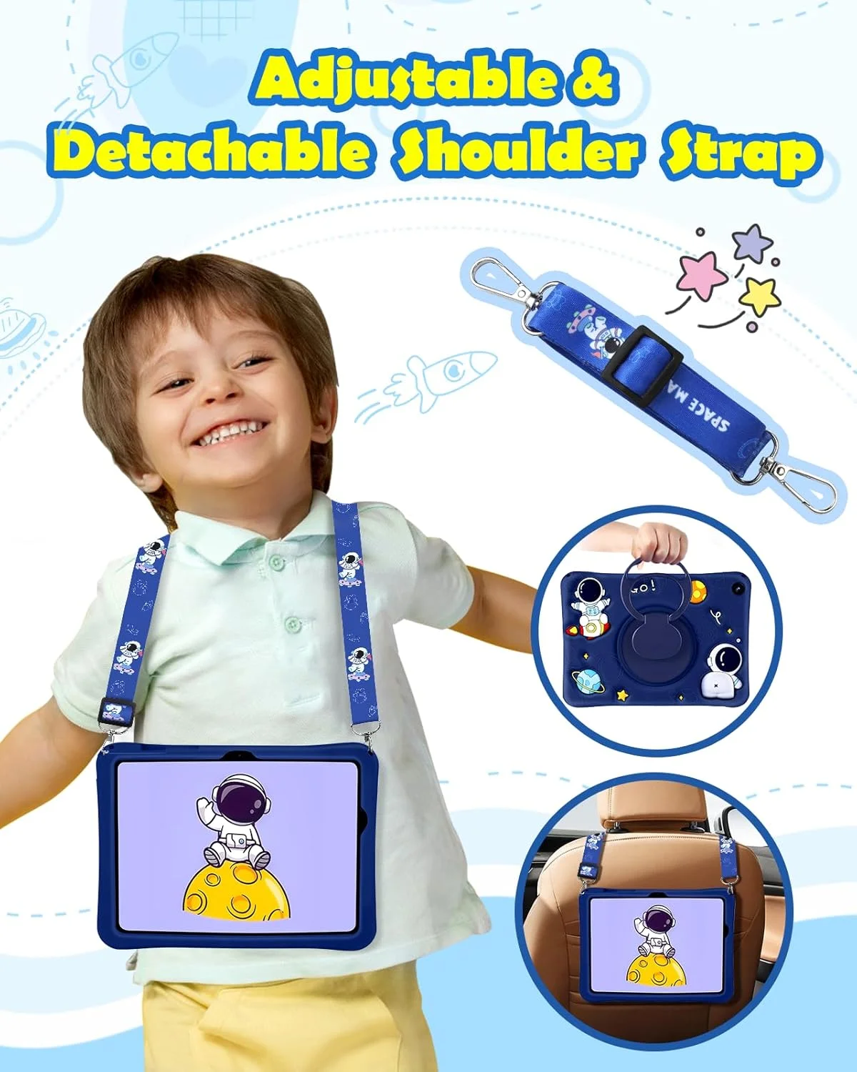 کاور فضانورد Wazzasoft برای تبلت سامسونگ گلکسی تب A8 10.5 اینچ، طرح فضانورد بامزه و کارتونی، پایه چرخشی و بند، جنس سیلیکونی مناسب برای مدل های SM-X200/X205/X207