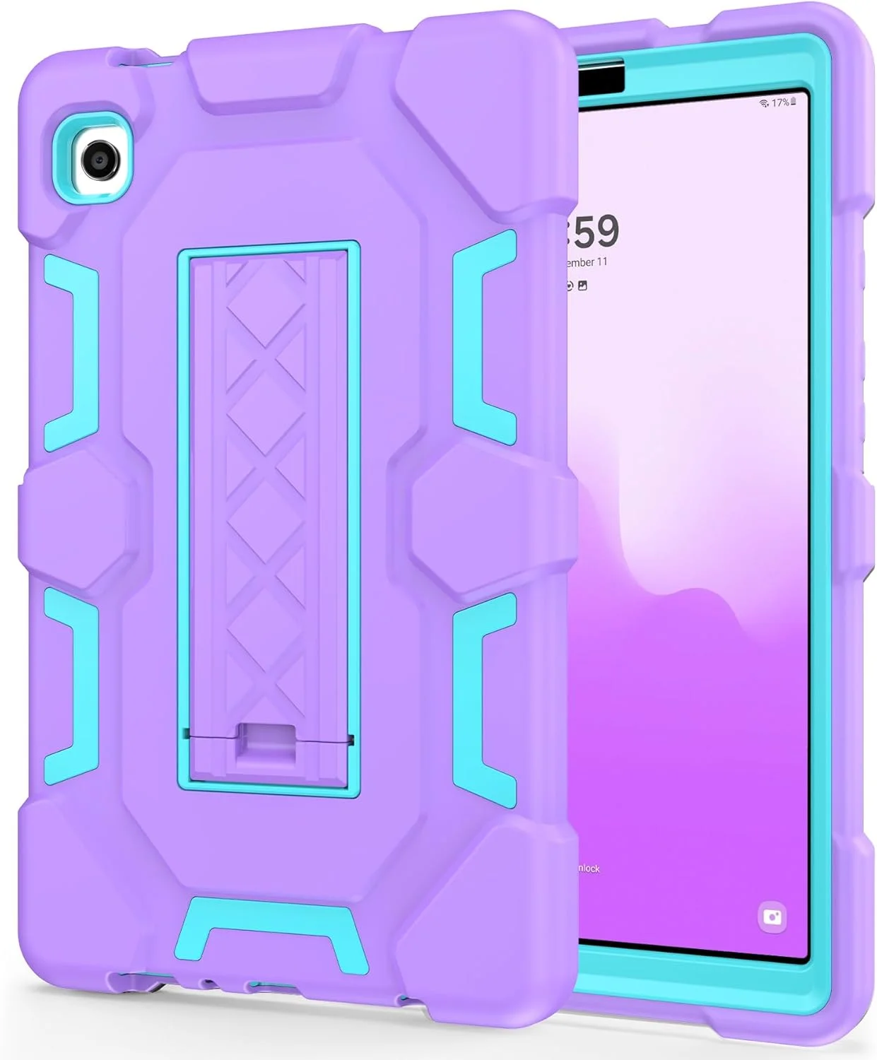 کاور محافظ CCMAO برای تبلت سامسونگ گلکسی تب A9 سایز 8.7 اینچ مدل 2023، کاور محافظ سه لایه هیبریدی مقاوم در برابر ضربه با پایه نگهدارنده برای تبلت سامسونگ A9 سایز 8.7 اینچ (SM-X110/X115/X117)، بنفش+سبز