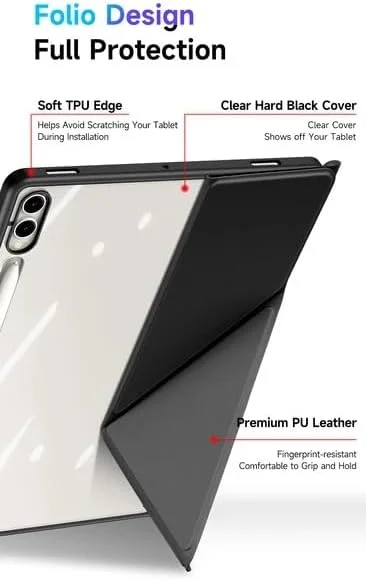 Gruattreay Case Compatible with Samsung Galaxy Tab S10 Ultra 14.6 Inch 2024 Tablet Case, Transparent Three Fold Flat Protective Shell Detachable Face Cover, Automatic Sleep/wake-up (Black)