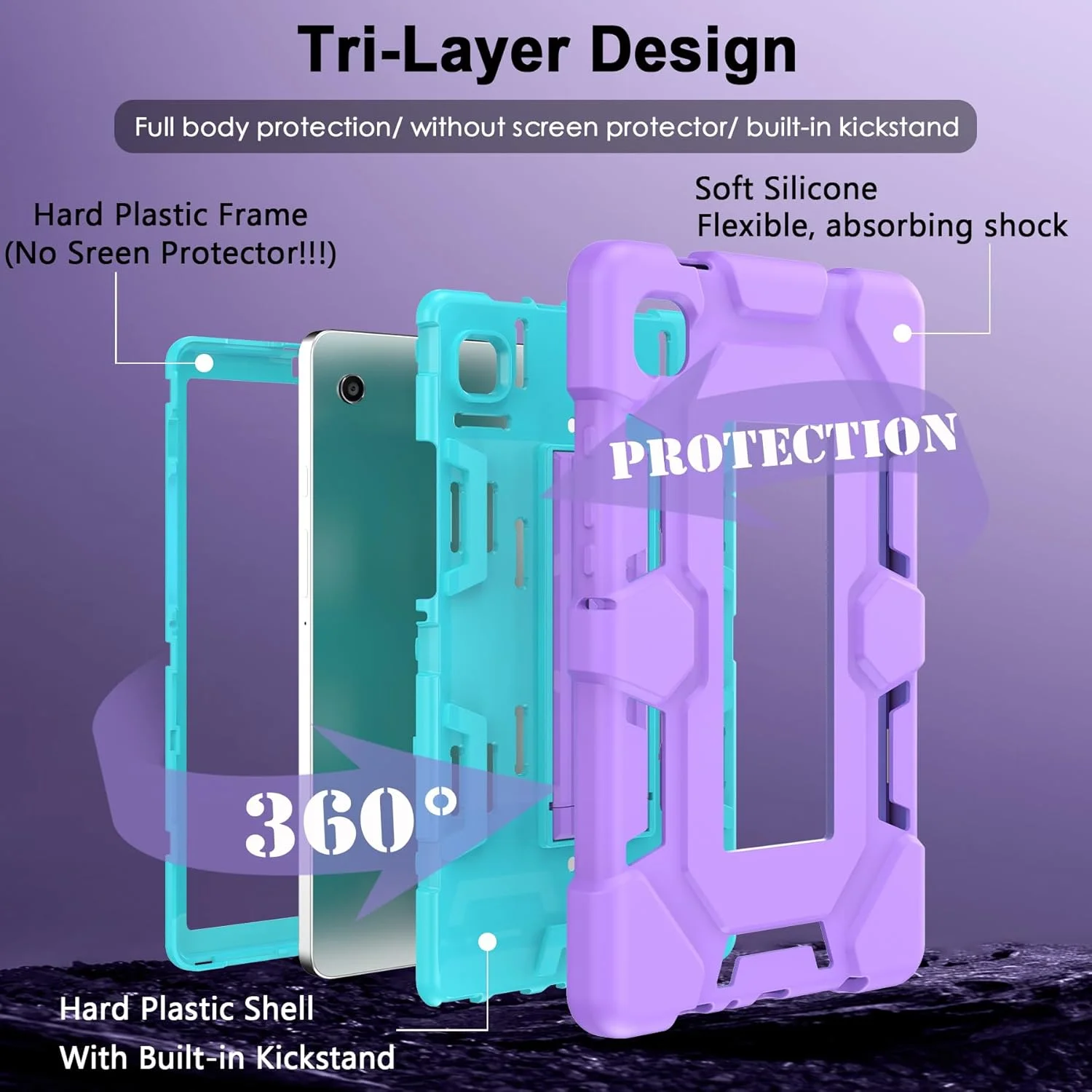 کاور محافظ CCMAO برای تبلت سامسونگ گلکسی تب A9 سایز 8.7 اینچ مدل 2023، کاور محافظ سه لایه هیبریدی مقاوم در برابر ضربه با پایه نگهدارنده برای تبلت سامسونگ A9 سایز 8.7 اینچ (SM-X110/X115/X117)، بنفش+سبز