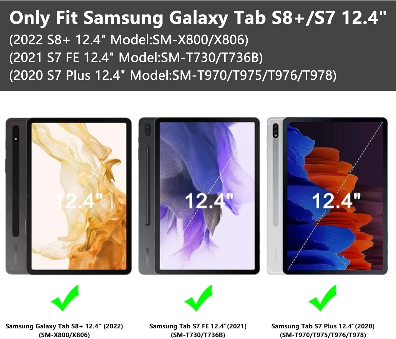 کیف TQQ برای تبلت سامسونگ گلکسی تب S7 FE/ S8+ Plus / S7+ Plus با صفحه نمایش 12.4 اینچ، کیف محافظ برای گلکسی تب S7 FE 2021/S8+ 2022/تب S7+ 2020 (12.4 اینچ)، دارای جای قلم و زوایای دید چندگانه
