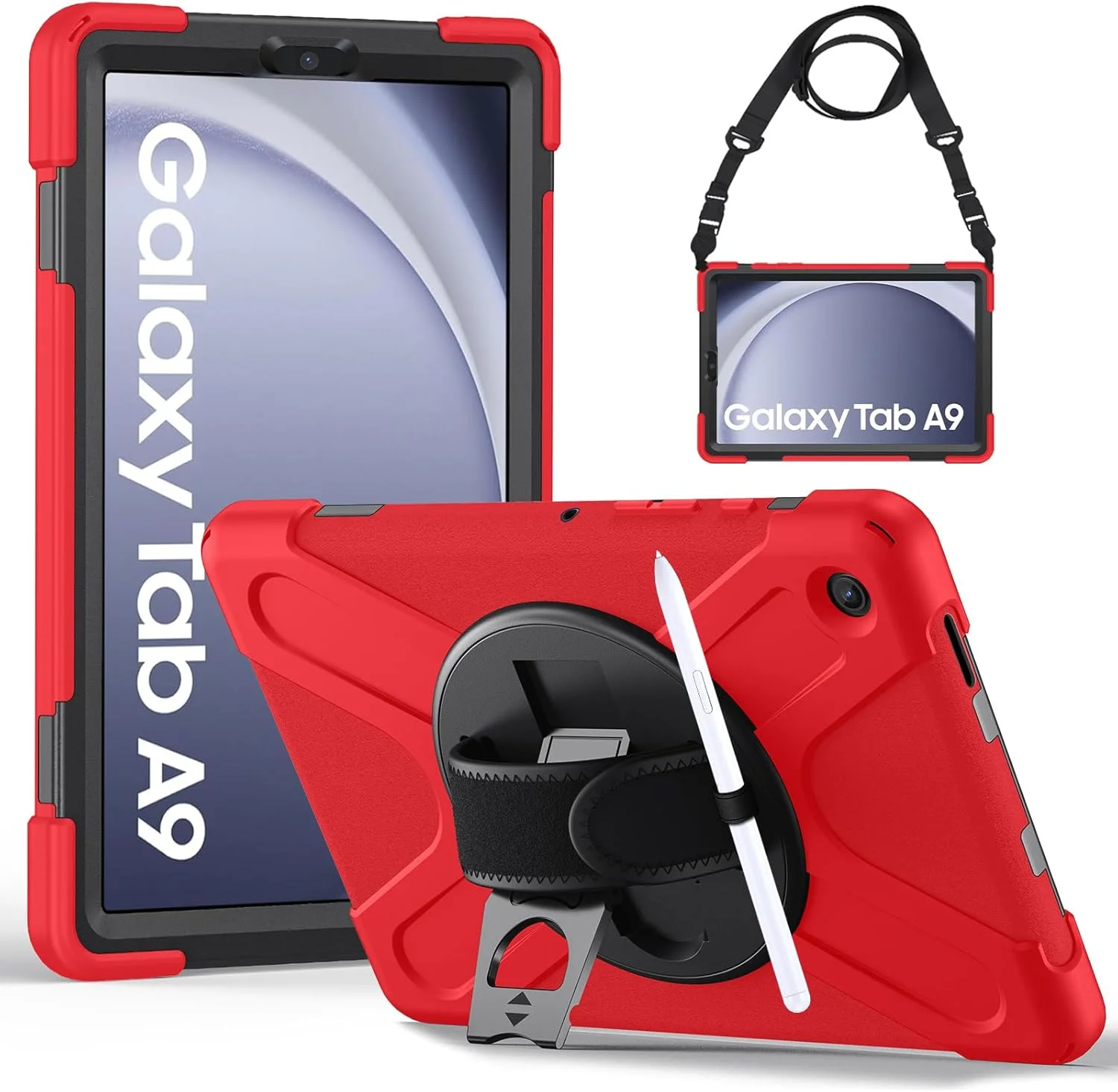 کاور محافظ Gerutek مناسب برای تبلت سامسونگ Tab A9 8.7 اینچ، کاور محافظ ضد ضربه و مقاوم Galaxy Tab A9 مناسب کودکان با استند چرخشی 360 درجه/بند دستی و بند شانه ای، کاور سخت و محکم برای تبلت سامسونگ Galaxy A9، قرمز