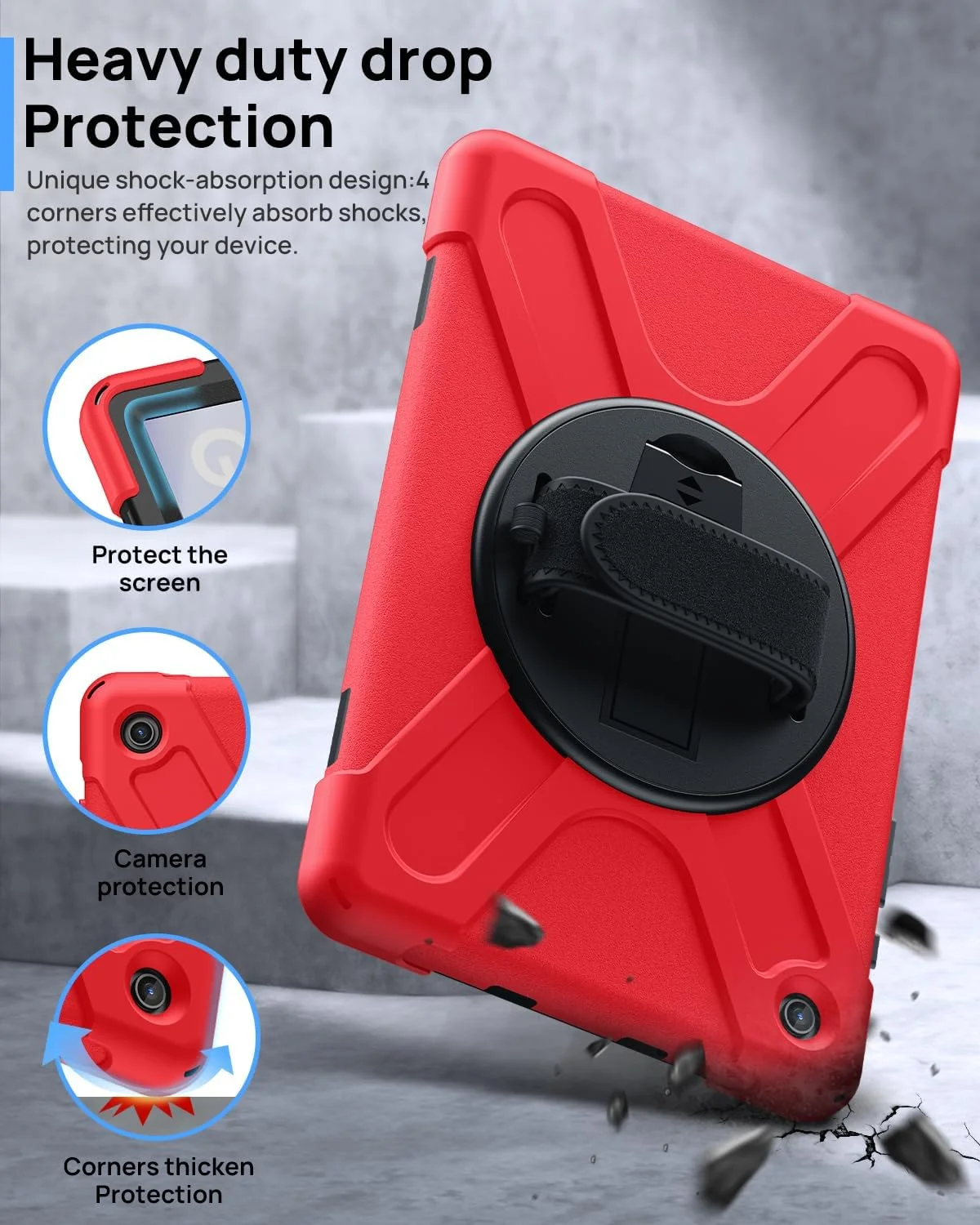 کاور محافظ Gerutek مناسب برای تبلت سامسونگ Tab A9 8.7 اینچ، کاور محافظ ضد ضربه و مقاوم Galaxy Tab A9 مناسب کودکان با استند چرخشی 360 درجه/بند دستی و بند شانه ای، کاور سخت و محکم برای تبلت سامسونگ Galaxy A9، قرمز