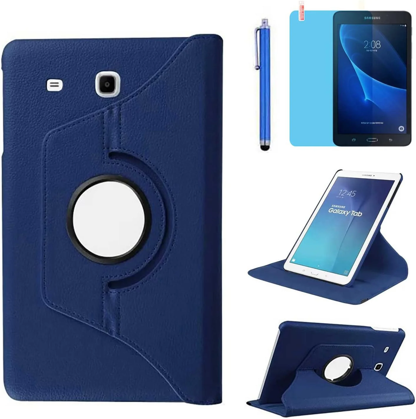 کاور آر.شنگته برای تبلت سامسونگ گلکسی تب A 7.0 اینچ 2016 (مدل SM-T280 SM-T285)، کاور محافظ کامل با قابلیت چرخش 360 درجه و استند، به همراه قلم استایلوس و محافظ صفحه نمایش (آبی تیره)