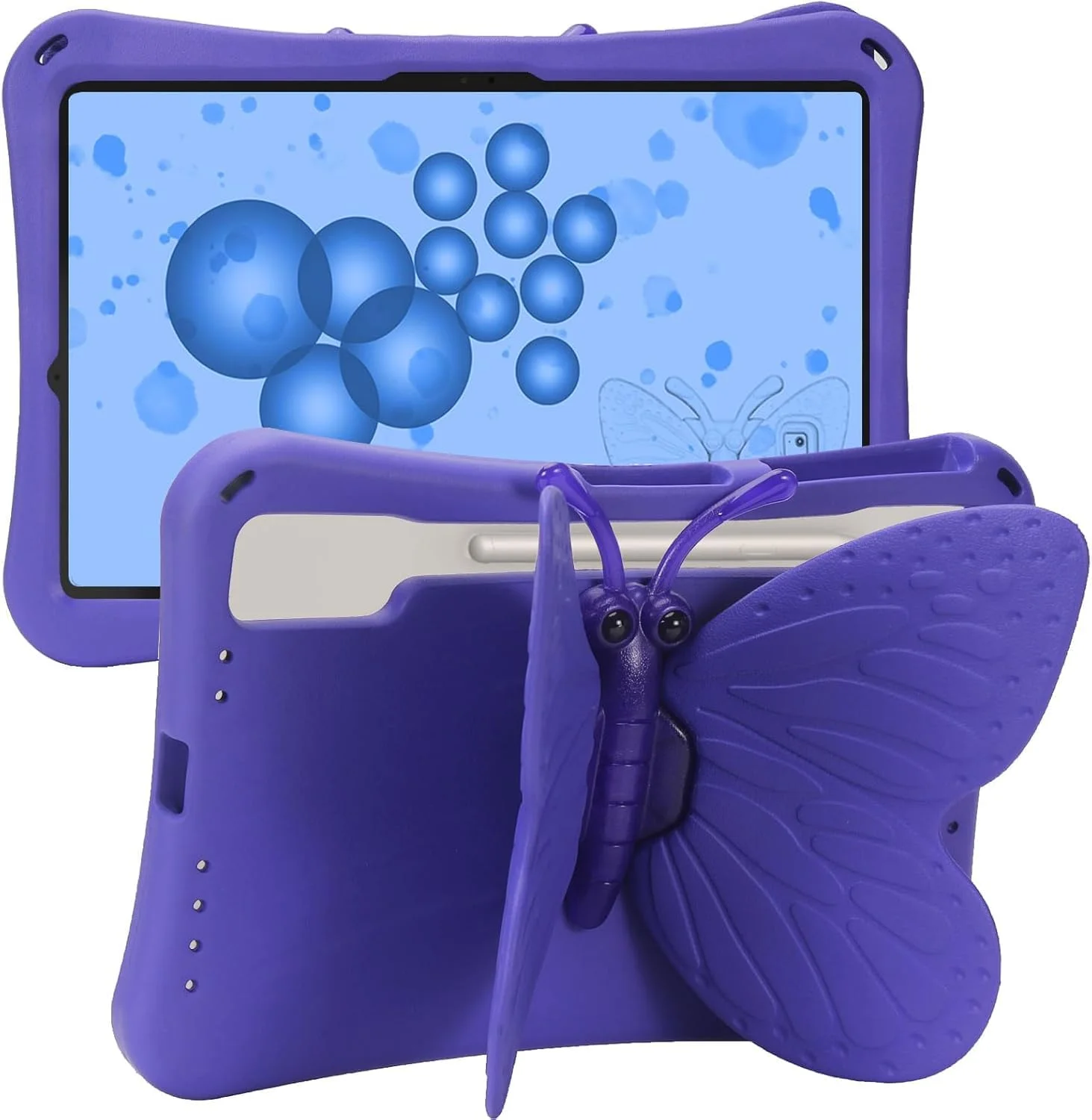 کیف کودکانه برای تبلت سامسونگ گلکسی تب S10 پلاس/S9 FE پلاس/S9 پلاس/S8 پلاس/S7 FE/S7 پلاس 5G، سبک وزن، ایمن، EVA، با پایه پروانه ای سه بعدی 360 درجه، ضد ضربه و مناسب کودکان (پروانه بنفش)