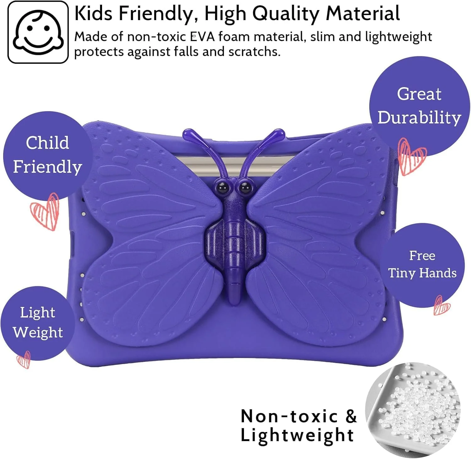 کیف کودکانه برای تبلت سامسونگ گلکسی تب S10 پلاس/S9 FE پلاس/S9 پلاس/S8 پلاس/S7 FE/S7 پلاس 5G، سبک وزن، ایمن، EVA، با پایه پروانه ای سه بعدی 360 درجه، ضد ضربه و مناسب کودکان (پروانه بنفش)