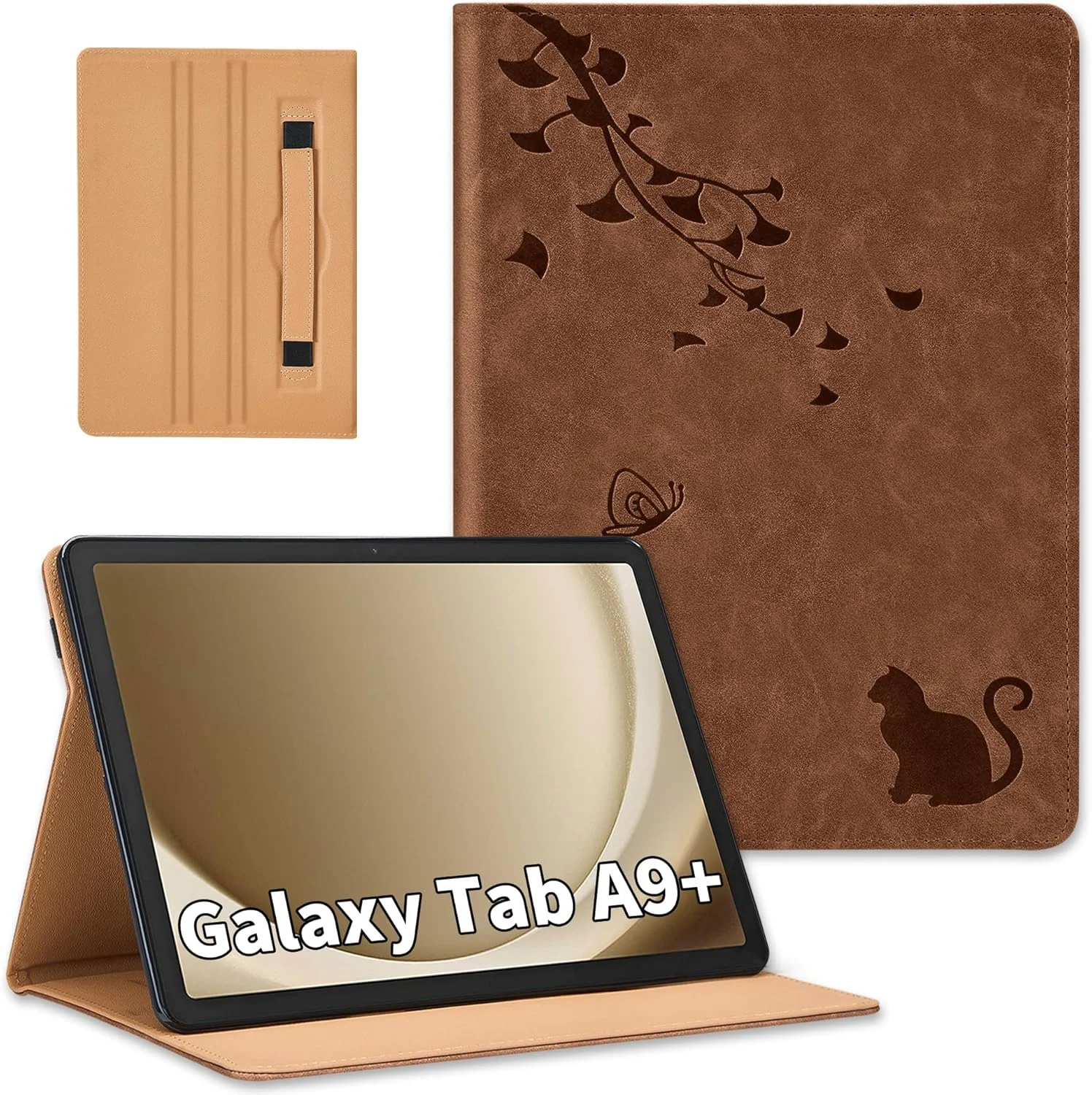 کاور Cicili مناسب برای تبلت سامسونگ گلکسی تب A9+/ A9 پلاس 11 اینچ 2023، کاور چرمی PU طرح پروانه و گربه فانتزی، با قابلیت استند و بند دستی مدل SM-X210/ X215/ X216/ X218 - قهوه ای