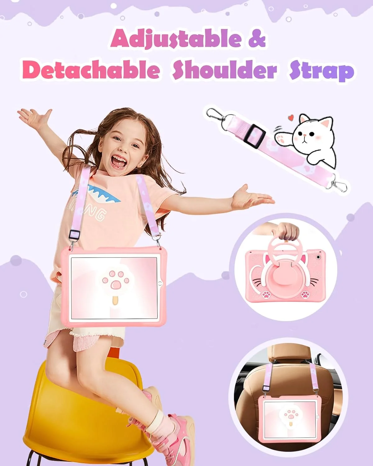 کاور سیلیکونی تبلت سامسونگ گلکسی تب A8 10.5 اینچ طرح گربه کیوت دخترانه، مناسب زنان و دختران، دارای بند و استند، محافظ نرم تبلت سامسونگ A8 مدل SM-X200/X205/X207