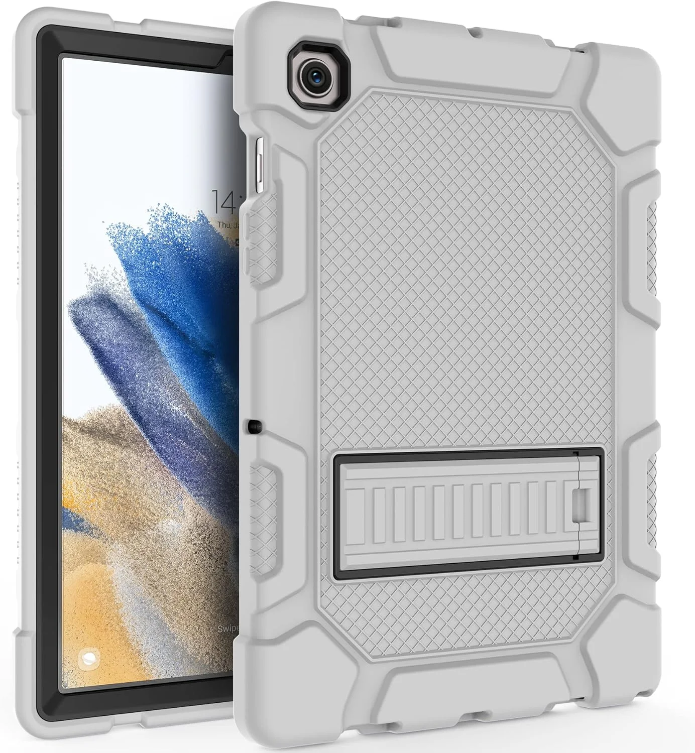 کاور مقاوم سامسونگ گلکسی تب A8 با پایه تاشو، محافظ ضد ضربه برای تبلت سامسونگ A8 سایز 10.5 اینچ (SM-X200/X205/X207)، خاکستری + مشکی