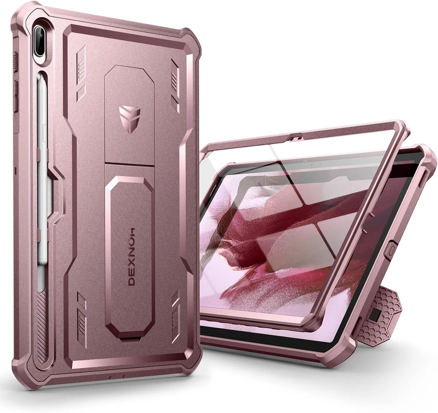 کاور دکسنور برای تبلت سامسونگ گلکسی تب S7 FE با صفحه نمایش 12.4 اینچی (2021)، [دارای محافظ صفحه نمایش و پایه] به همراه جای قلم، مقاوم در برابر ضربه، پوشش محافظ کامل بدنه برای گلکسی S7 FE - صورتی