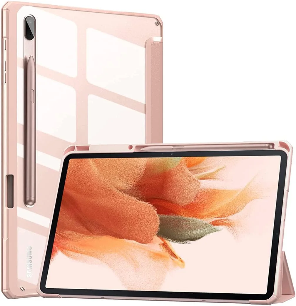 کاور مناسب برای تبلت سامسونگ گلکسی تب S8 تب S7 FE 12.4 اینچ 2021 (SM-T730/T736B) / گلکسی تب S7 پلاس 12.4 اینچ 2020 (SM-T970/T975/T976)، کاور پشتی شفاف با جای قلم / حالت بیدارباش خودکار، رزگلد