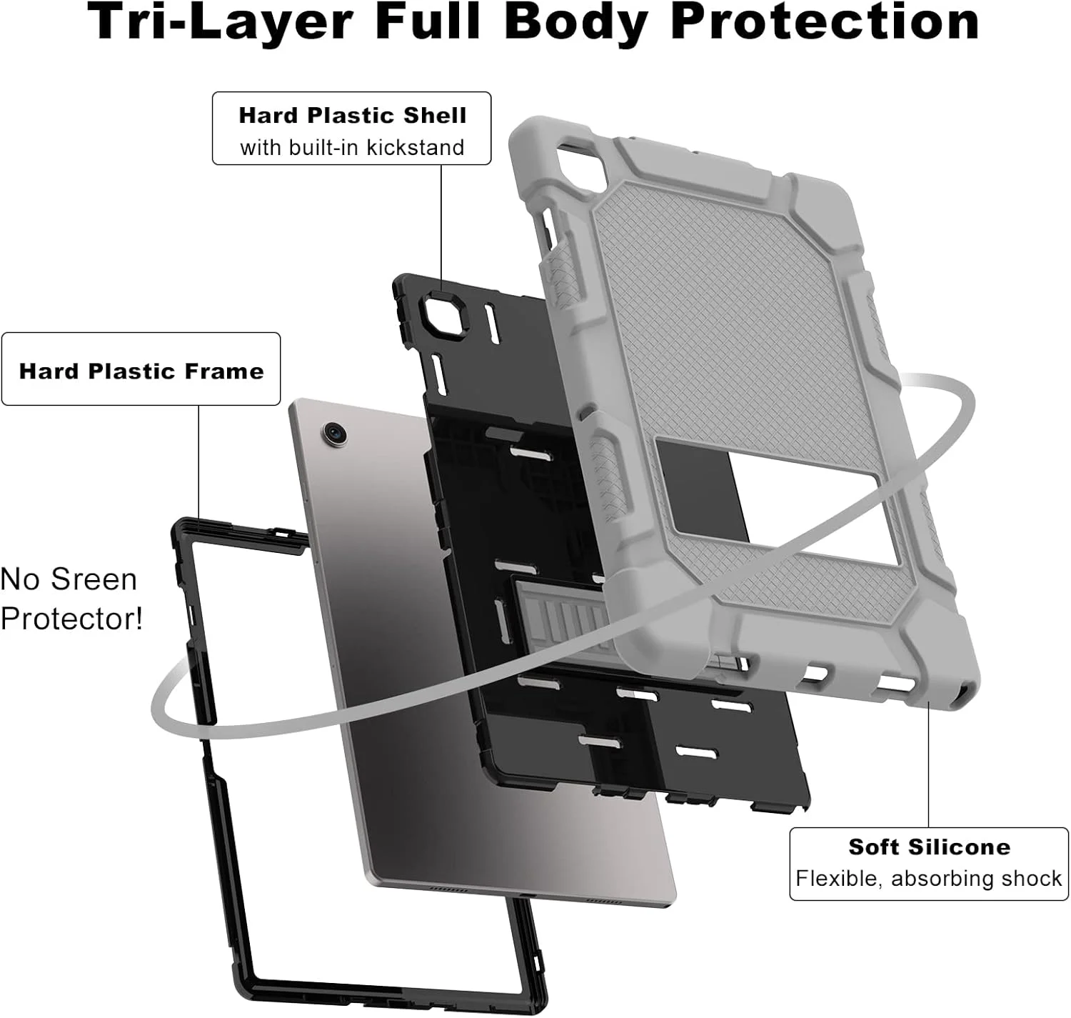 کاور مقاوم سامسونگ گلکسی تب A8 با پایه تاشو، محافظ ضد ضربه برای تبلت سامسونگ A8 سایز 10.5 اینچ (SM-X200/X205/X207)، خاکستری + مشکی