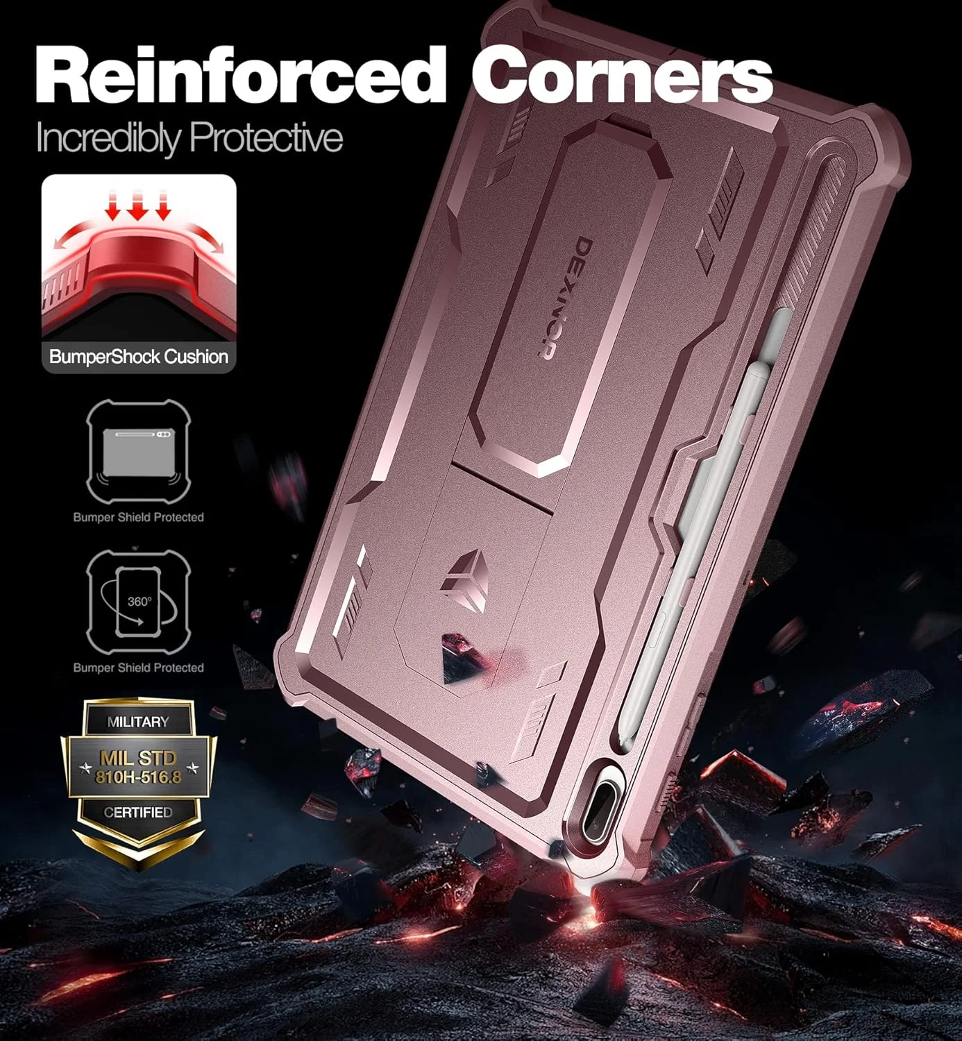 کاور دکسنور برای تبلت سامسونگ گلکسی تب S7 FE با صفحه نمایش 12.4 اینچی (2021)، [دارای محافظ صفحه نمایش و پایه] به همراه جای قلم، مقاوم در برابر ضربه، پوشش محافظ کامل بدنه برای گلکسی S7 FE - صورتی