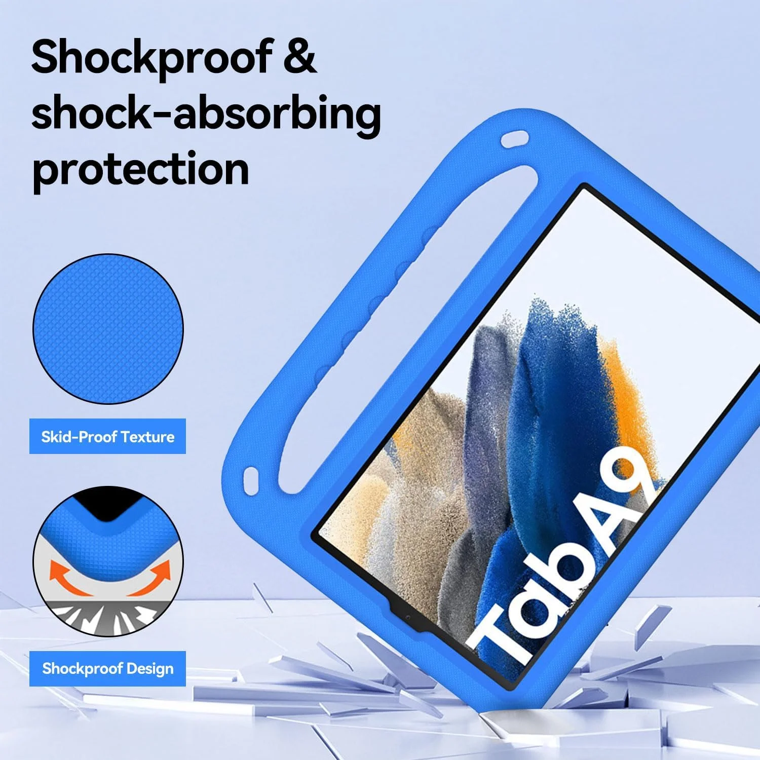 کیف تبلت کودکانه T Tersely برای سامسونگ گلکسی تب A9، ضد ضربه و بادوام، فوم EVA سبک وزن، کاور تبلت با دسته استند/بند شانه ای مناسب کودکان - آبی