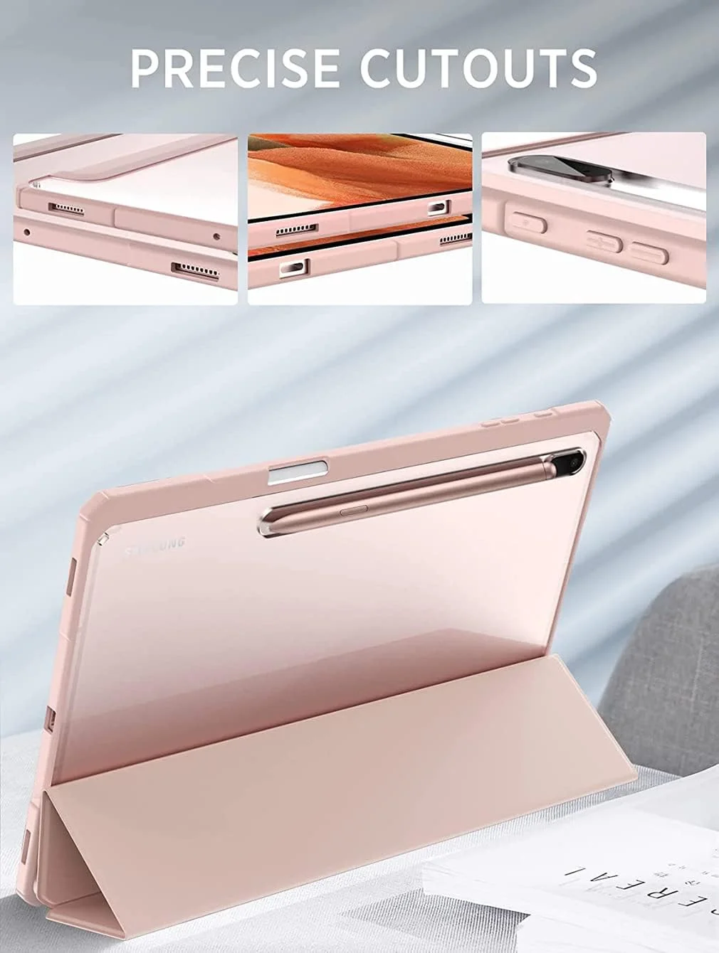 کاور مناسب برای تبلت سامسونگ گلکسی تب S8 تب S7 FE 12.4 اینچ 2021 (SM-T730/T736B) / گلکسی تب S7 پلاس 12.4 اینچ 2020 (SM-T970/T975/T976)، کاور پشتی شفاف با جای قلم / حالت بیدارباش خودکار، رزگلد