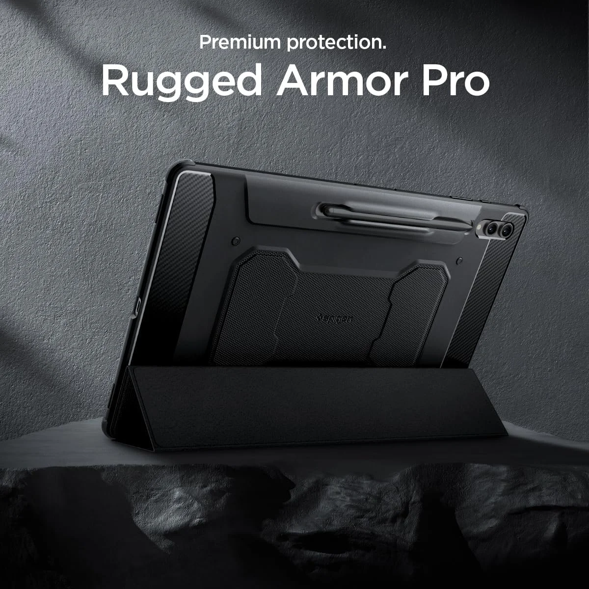 کاور محافظ سه لایه Spigen Rugged Armor Pro مناسب برای تبلت سامسونگ Galaxy Tab S10 Ultra سایز 14.6 اینچ (2024) / Tab S9/S8 Ultra (2023/2022) به همراه جای قلم S Pen - مشکی