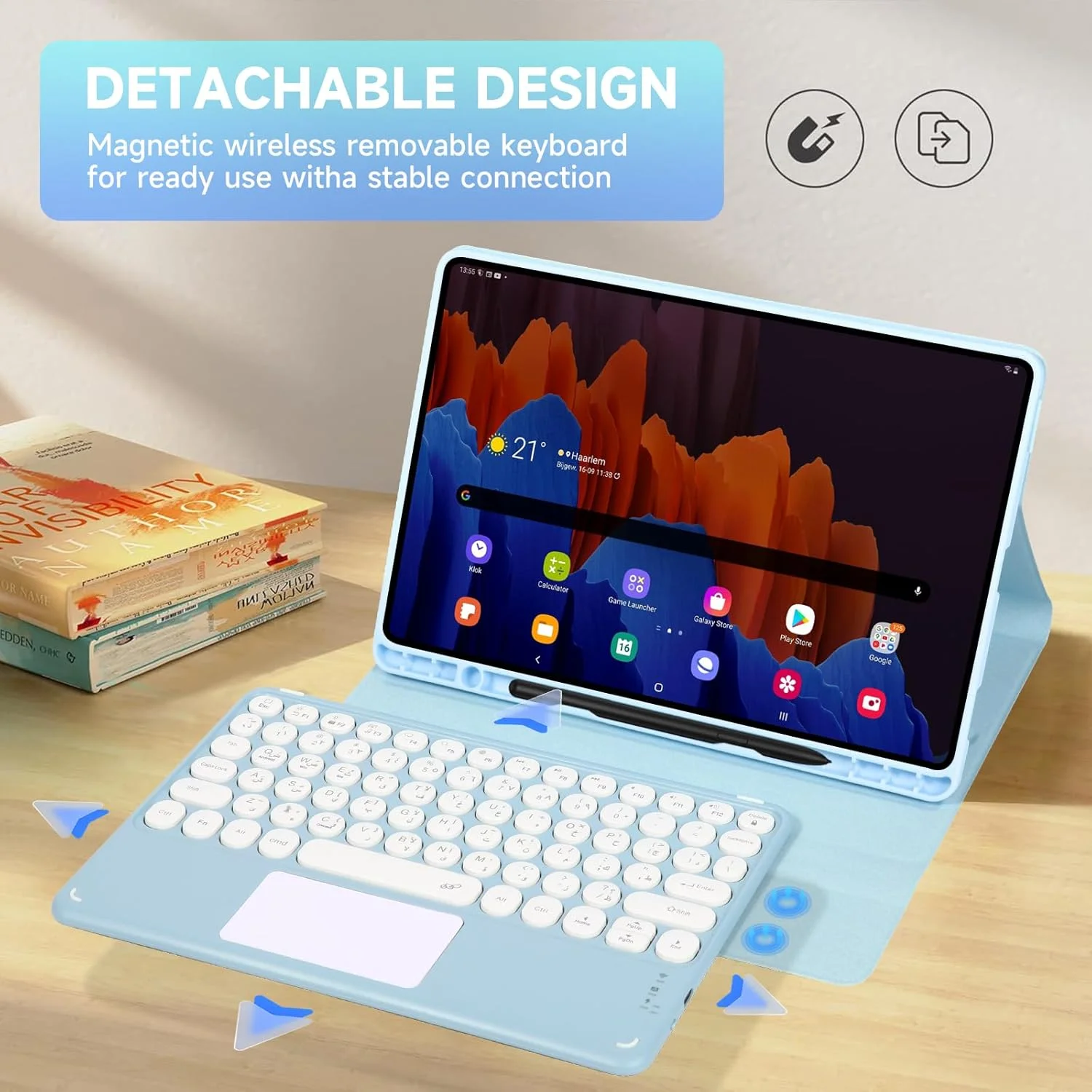 کیبورد EURCRBU سازگار با تبلت سامسونگ گلکسی تب A9 پلاس 11 اینچی، کاور کیبورد عربی بی‌سیم جداشدنی مغناطیسی، برای سامسونگ گلکسی تب A9 پلاس 2023 (SM-X216/X210) - آبی