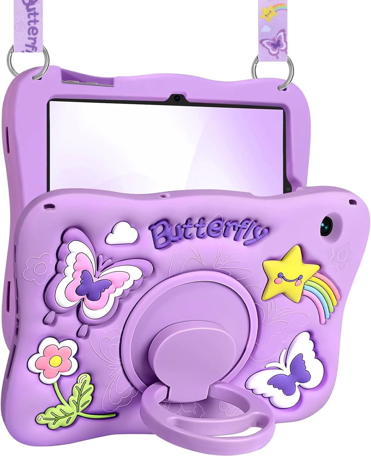 کاور Kidcube برای تبلت سامسونگ گلکسی تب A9 پلاس 11 اینچ - دخترانه، فانتزی، طرح سه بعدی پروانه بنفش، دارای استند چرخان و بند، سیلیکونی، مناسب برای تبلت سامسونگ A9 پلاس