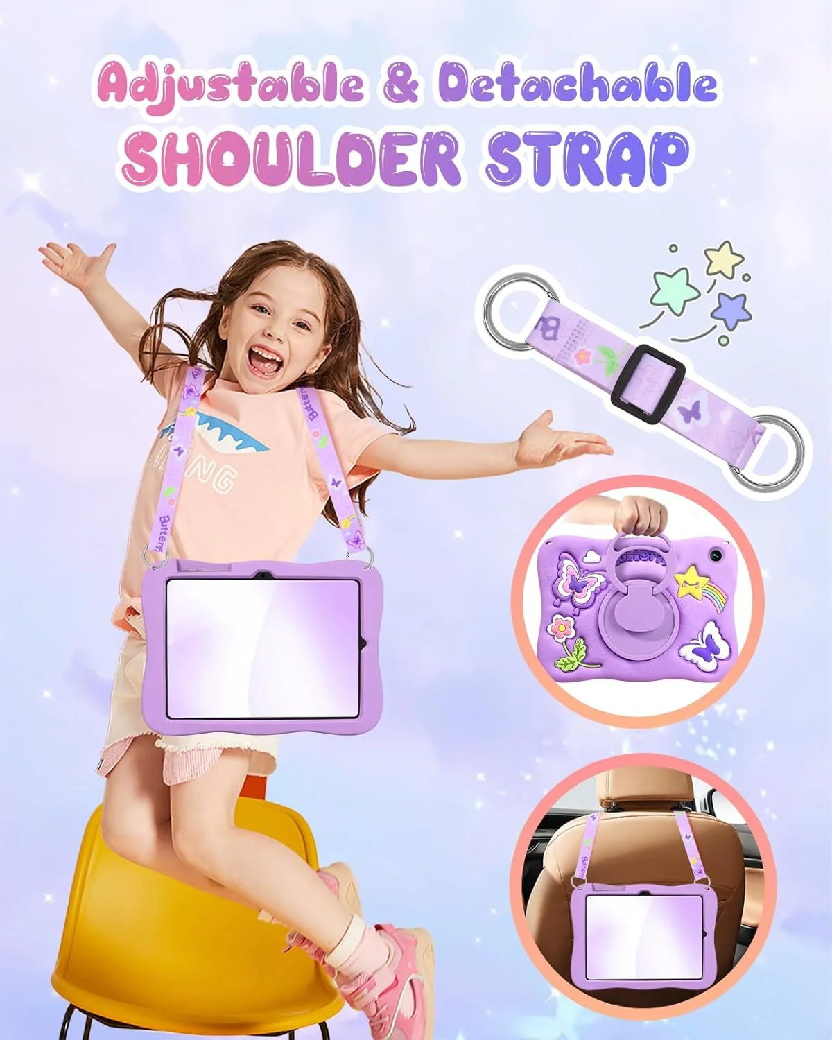 کاور Kidcube برای تبلت سامسونگ گلکسی تب A9 پلاس 11 اینچ - دخترانه، فانتزی، طرح سه بعدی پروانه بنفش، دارای استند چرخان و بند، سیلیکونی، مناسب برای تبلت سامسونگ A9 پلاس