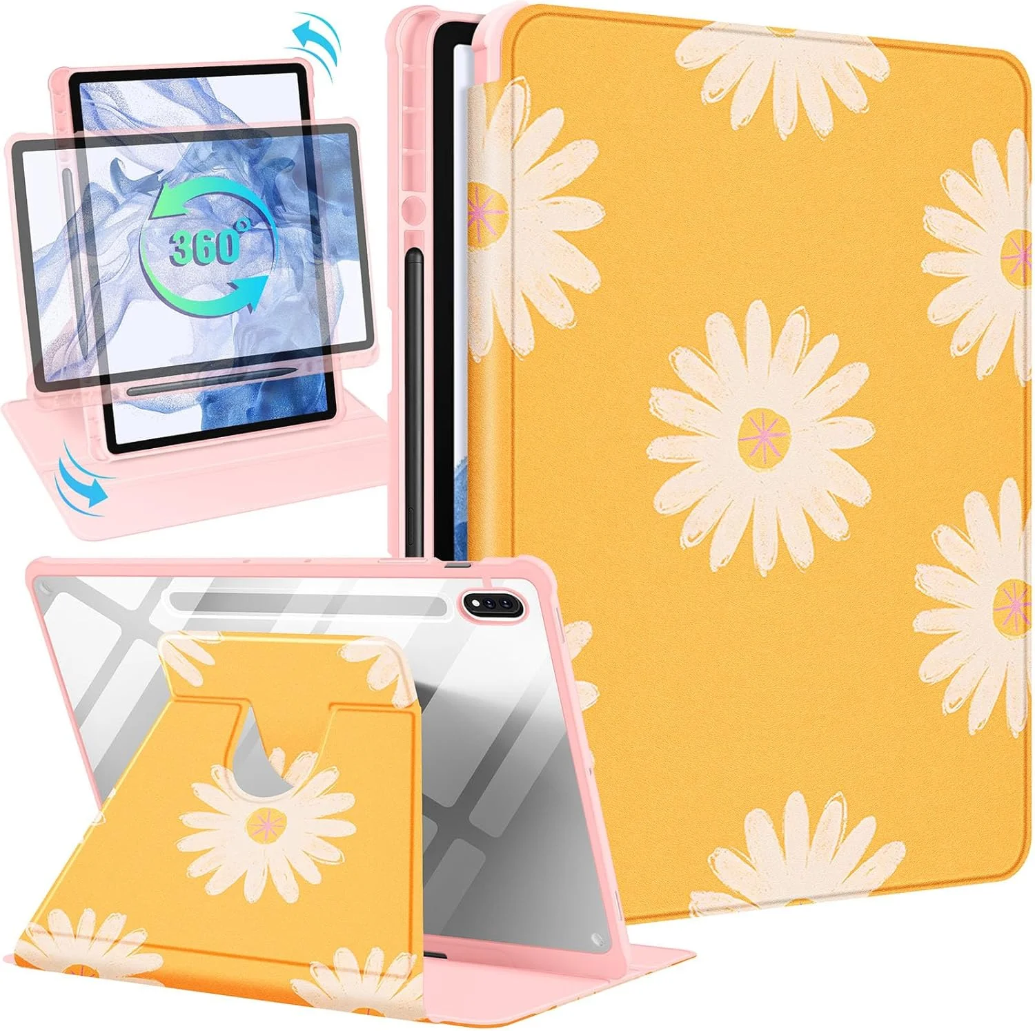 کیف تبلت Kidcube مناسب برای سامسونگ گلکسی تب S9 پلاس/FE پلاس 12.4 اینچ، دخترانه، طرح گلدار زیبا، با قابلیت چرخش 360 درجه و جای قلم