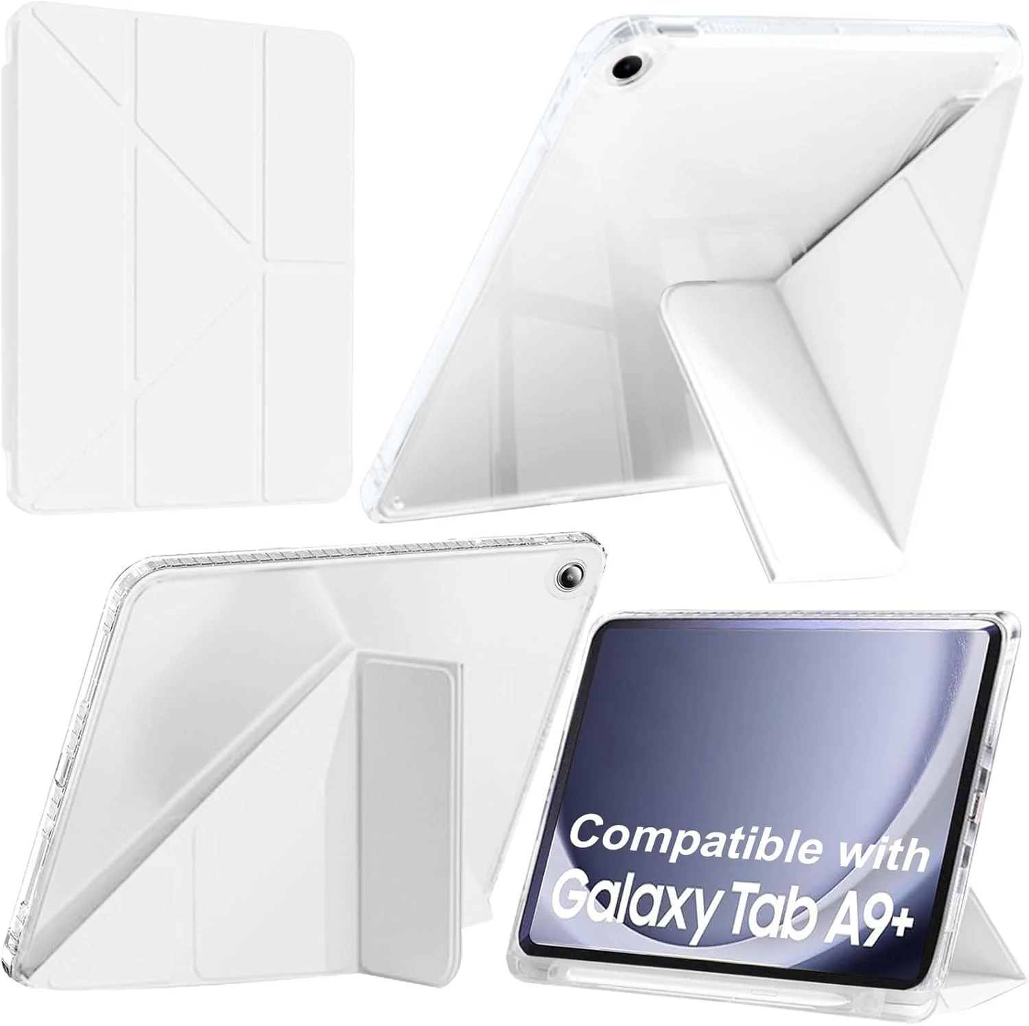 کیف A-BEAUTY سازگار با تبلت سامسونگ گلکسی تب A9 پلاس 11 اینچ 2023 (SM-X210/X215/X216/X218) با جای قلم S Pen، کاور شفاف ضد ضربه، استند سه تایی Y شکل 6 در 1، سفید
