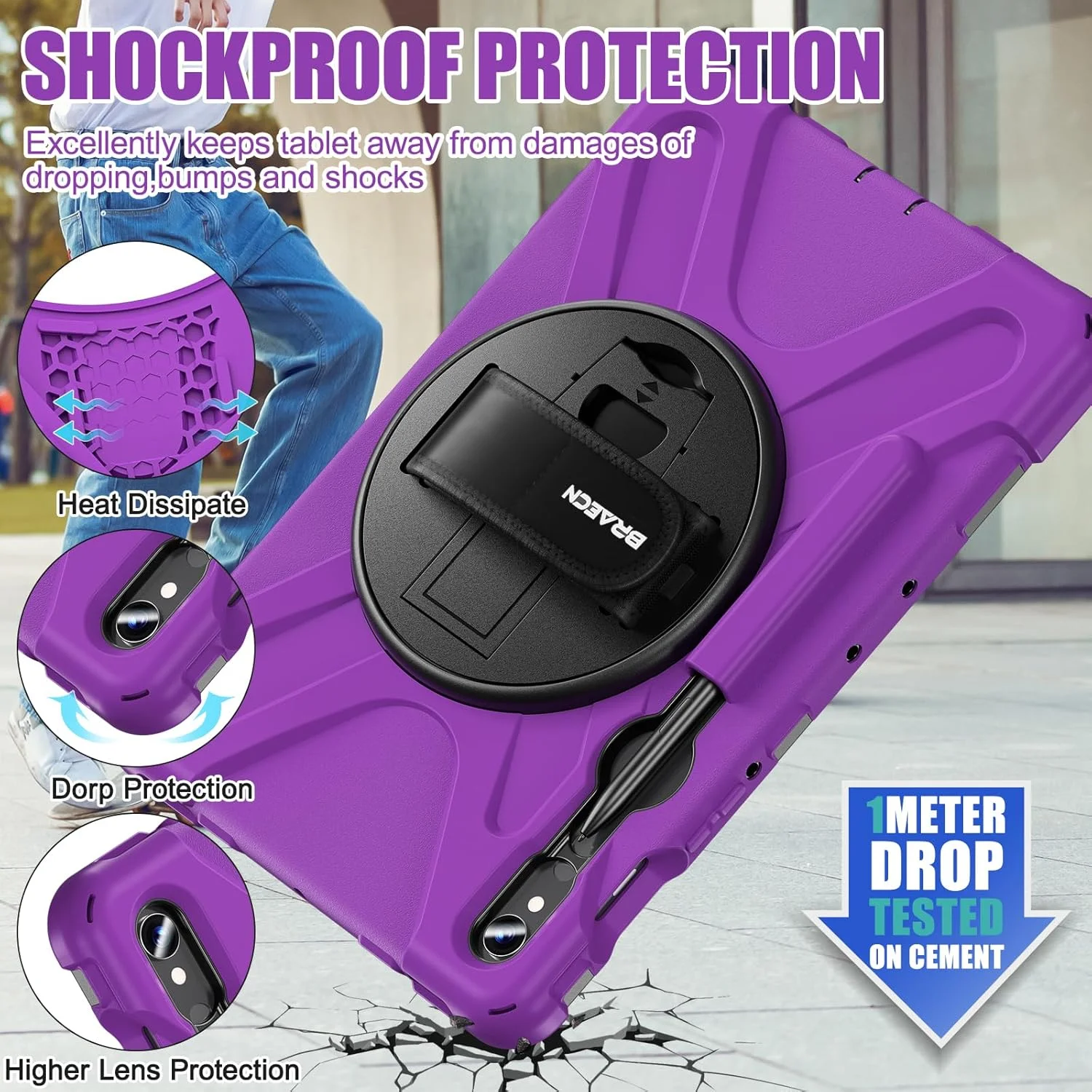 کیف محافظ BRAECNstock مناسب برای تبلت سامسونگ گلکسی تب S10 FE/ S9 FE/ S9/ S8/ S7 5G سایز 10.9 اینچ/11 اینچ، کیف محافظ ضد ضربه کودکانه با جای قلم، بند دستی چرخان 360 درجه و پایه، بند شانه، بنفش