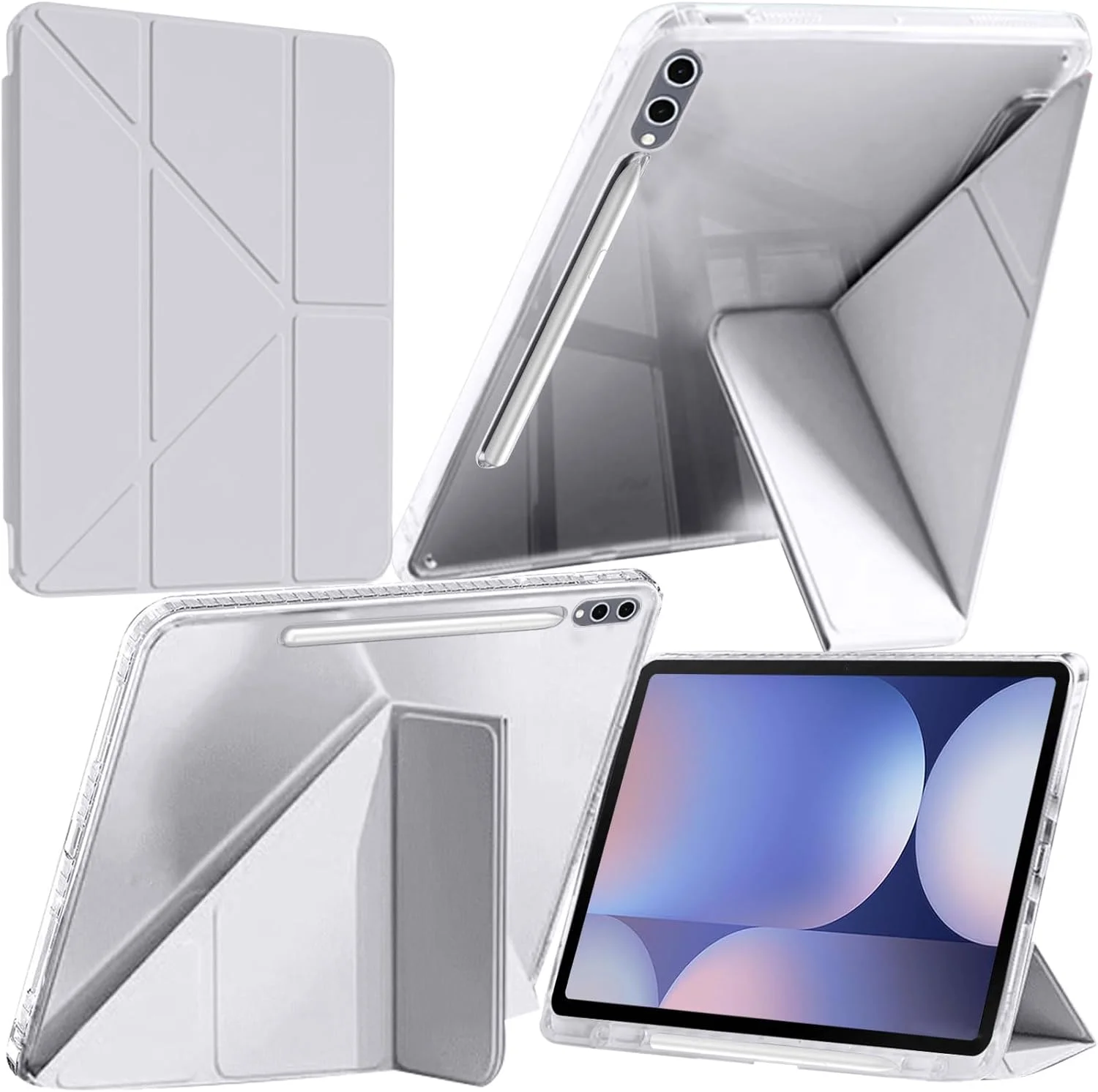 کیف A-BEAUTY سازگار با تبلت سامسونگ گلکسی تب S10+ 2024/تب S9 FE+/S9+ 2023 سایز 12.4 اینچ، کاور شفاف ضد ضربه، استند سه تایی Y شکل 6 در 1، قابلیت بیدار شدن/به خواب رفتن خودکار، خاکستری روشن