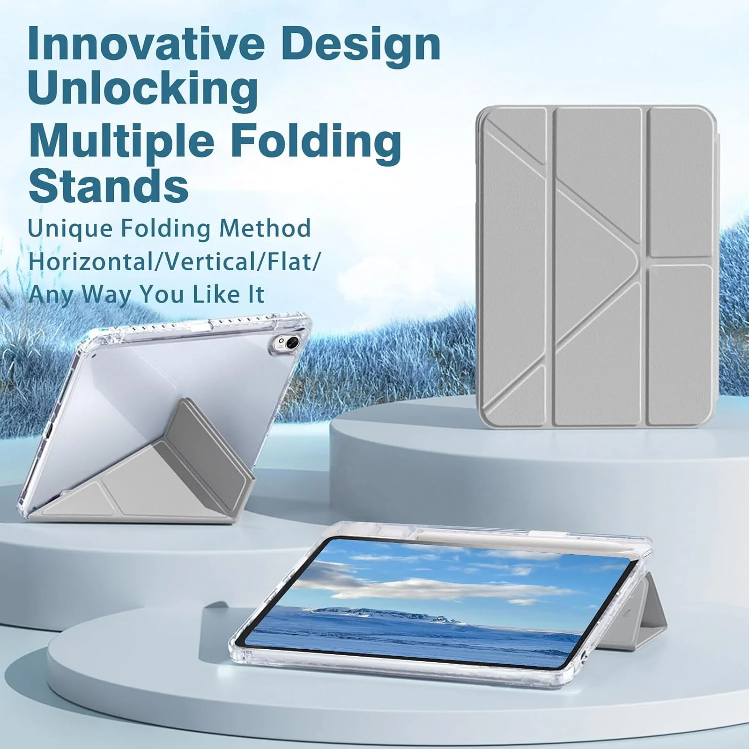 کیف A-BEAUTY سازگار با تبلت سامسونگ گلکسی تب S10+ 2024/تب S9 FE+/S9+ 2023 سایز 12.4 اینچ، کاور شفاف ضد ضربه، استند سه تایی Y شکل 6 در 1، قابلیت بیدار شدن/به خواب رفتن خودکار، خاکستری روشن