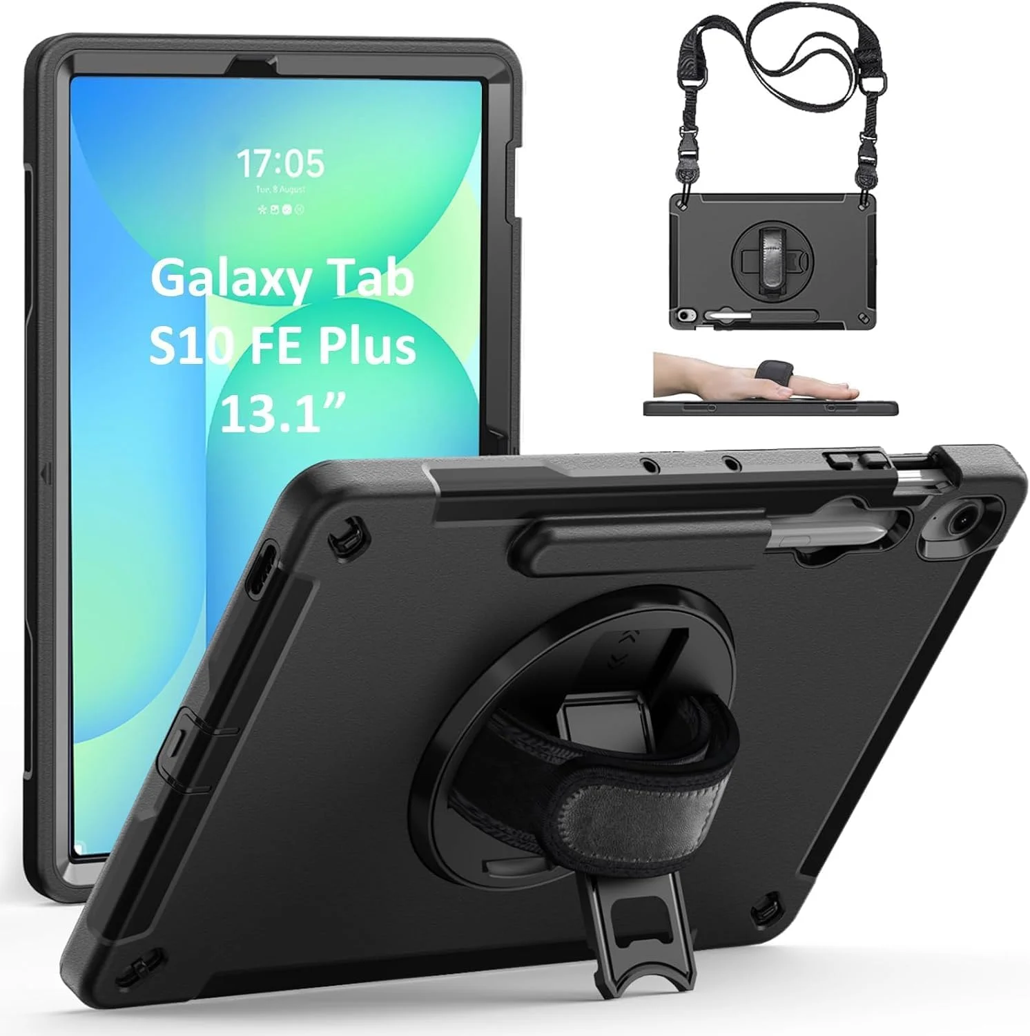 Junfire Protective Case for Galaxy Tab S10 FE Plus 13.1-inch 2025, Rugged Shockproof Samsung Tab S10FE+ Case with 360°Rotating Kickstand/S-Pen Holder/Hand Strap/Shoulder Strap, Black